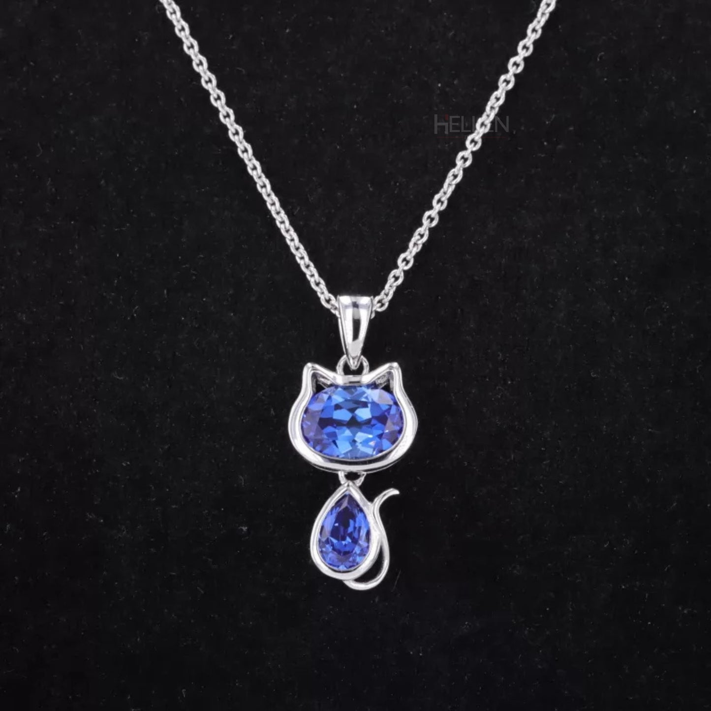 Pear & Oval Cut Gemstone Cat Animal Necklace, Your Choice of Color
