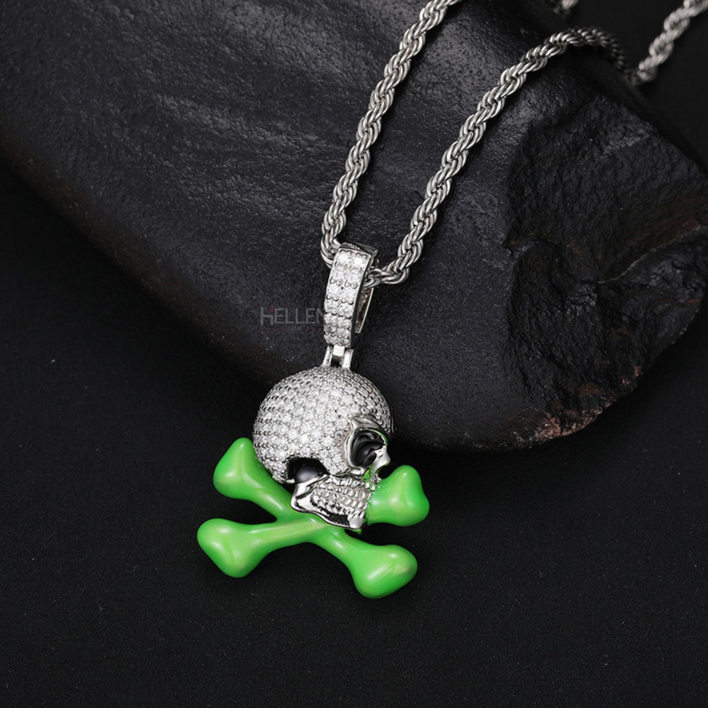 Skull And Cross Bone Glow In Dark Iced Out Pendant