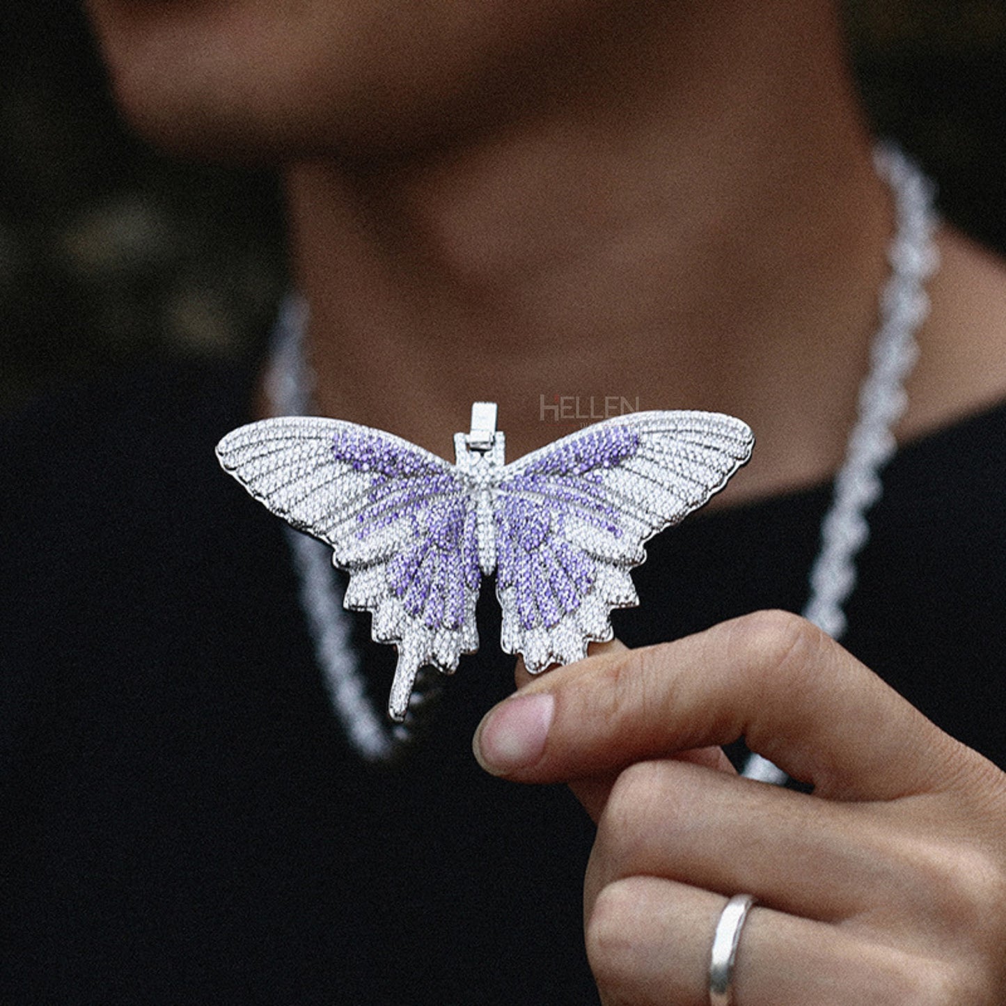 Iced-Out Butterfly Pendant With Moissanite And Purple Gemstone