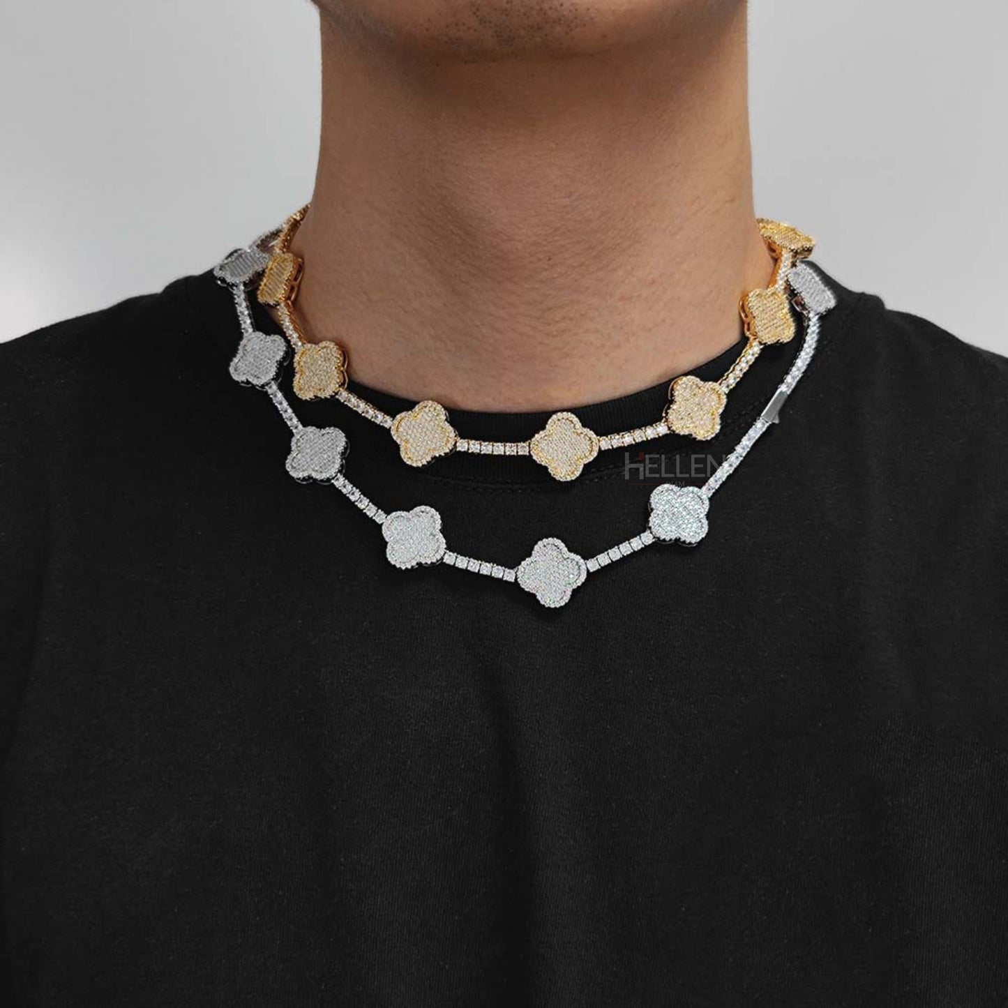 Classic clover tennis chain featuring round moissanite – versatile bling jewelry for men and women