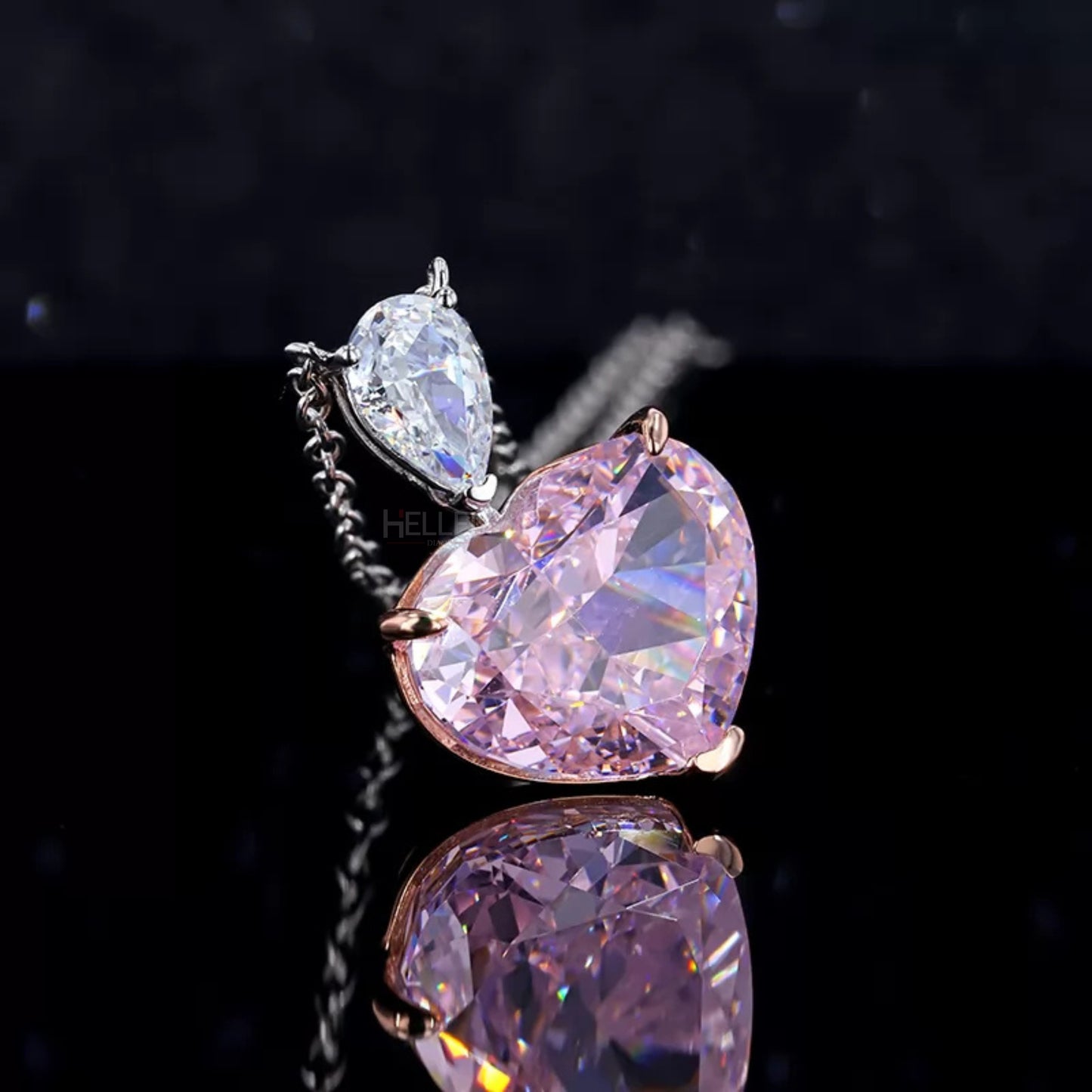 Dual Tone Pear Moissanite & Heart Cut Pink Gemstone Necklace
