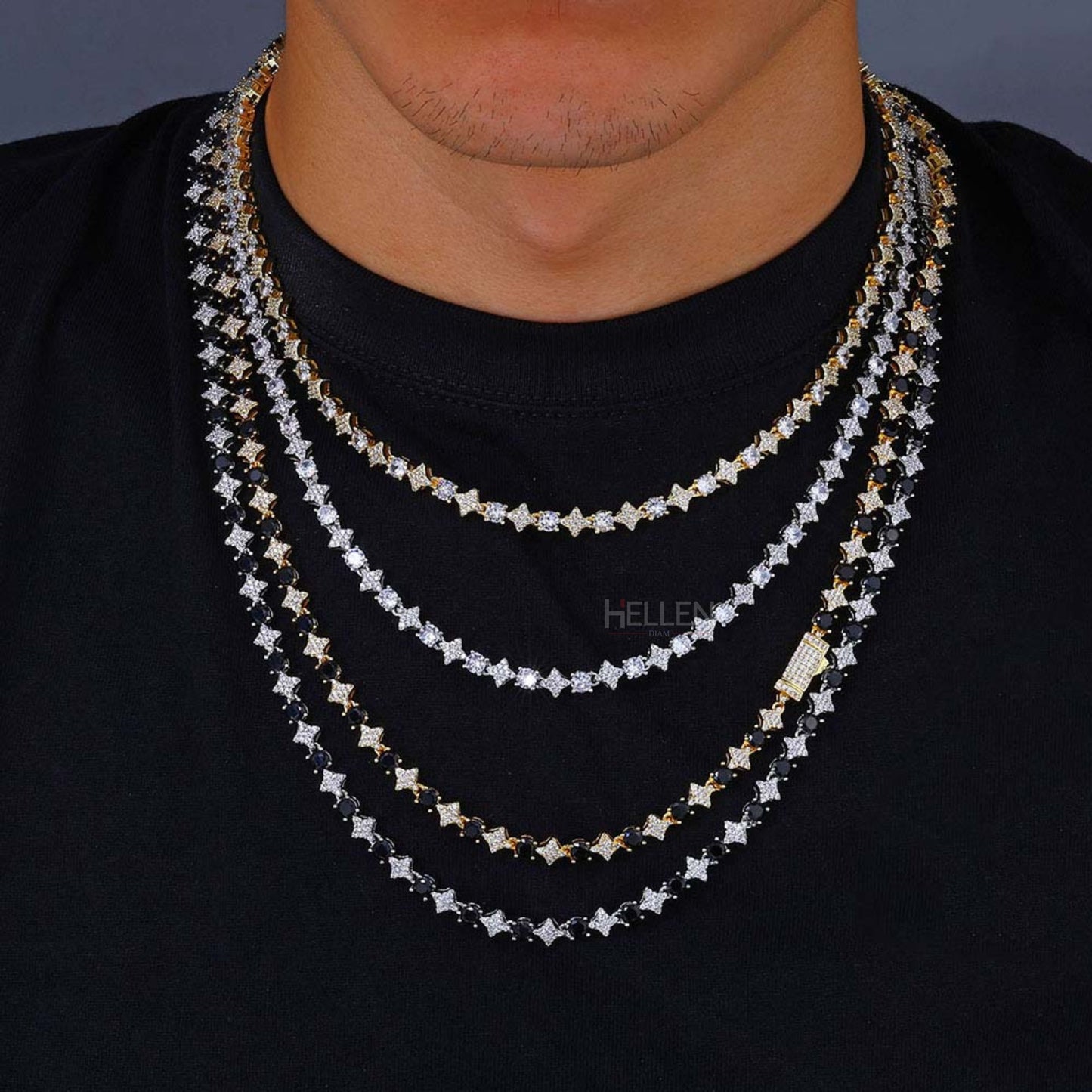 Black moissanite tennis chain with pointed leaf cluster design – unique hip-hop necklace with solitaire shine