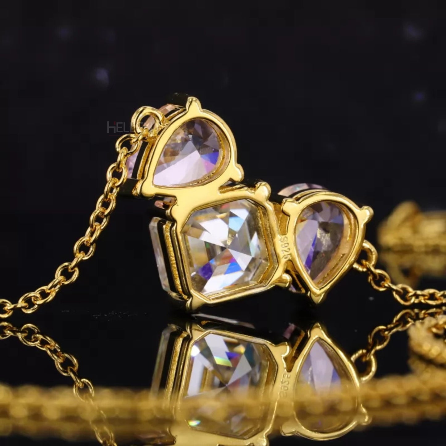 3 Stone Asscher Moissanite & Pear Cut Pink Gemstone Necklace