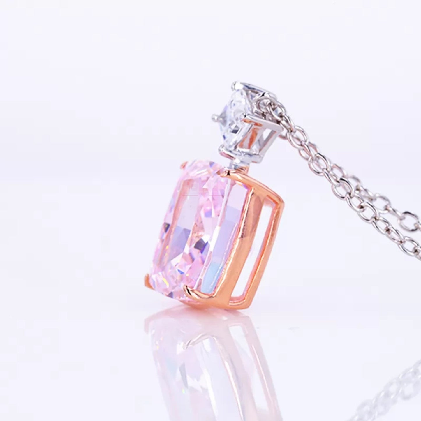 Elongated Cushion Pink Sapphire & Princess Moissanite Necklace