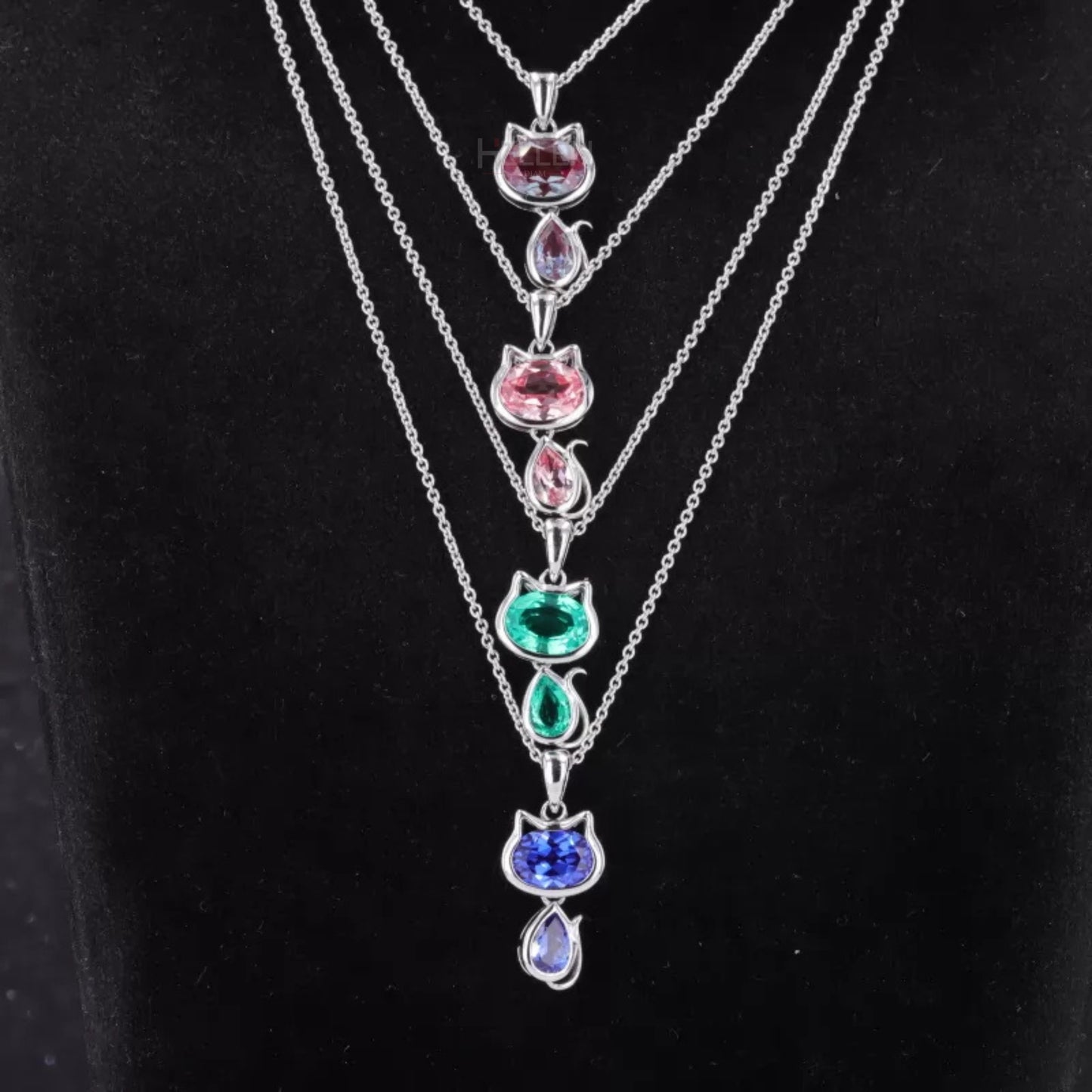 Custom cat-shaped necklace with pear and oval cut gemstones – playful animal design in your preferred color
