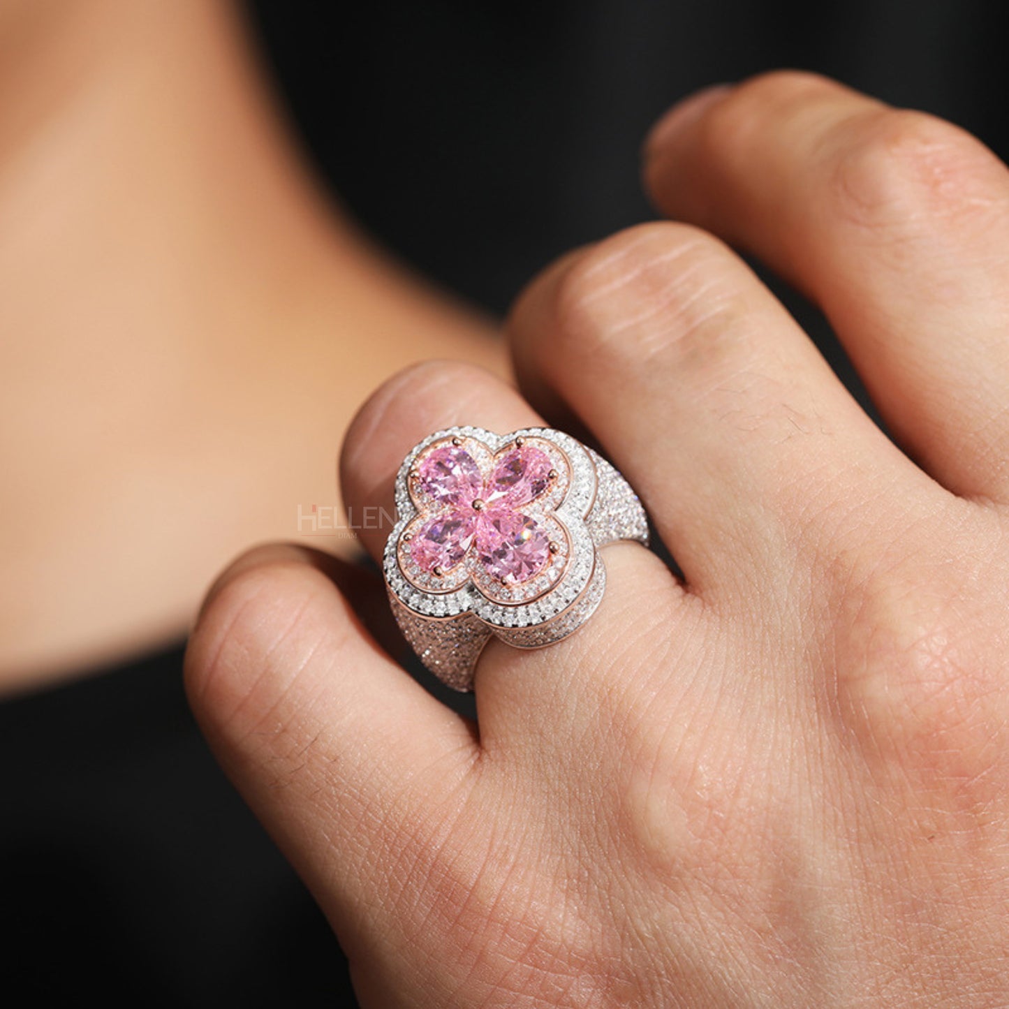 Sparkling Rose Clover Pink Gemstone & Moissanite Bling Ring