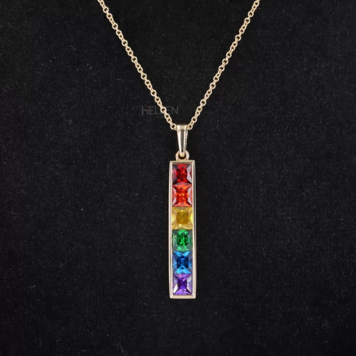 Rainbow style necklace with princess cut mixed gemstones – colorful and vibrant single-line statement piece