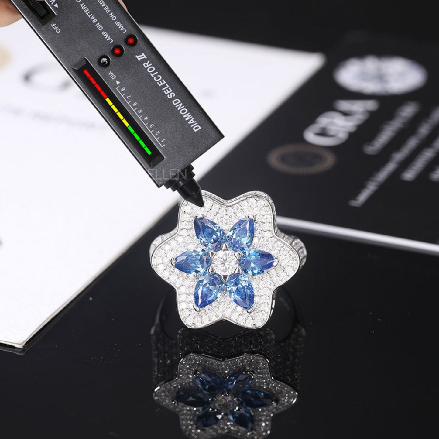6 Pointed Star Blue Gemstone & VVS Moissanite Bling Ring