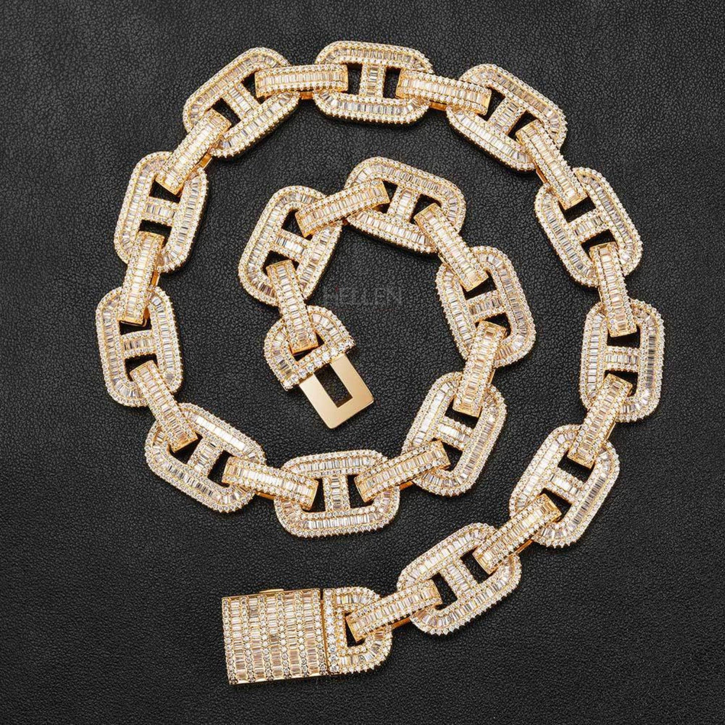 15MM Round And Baguette Cut Moissanite Coffee Bean Hip Hop Chain