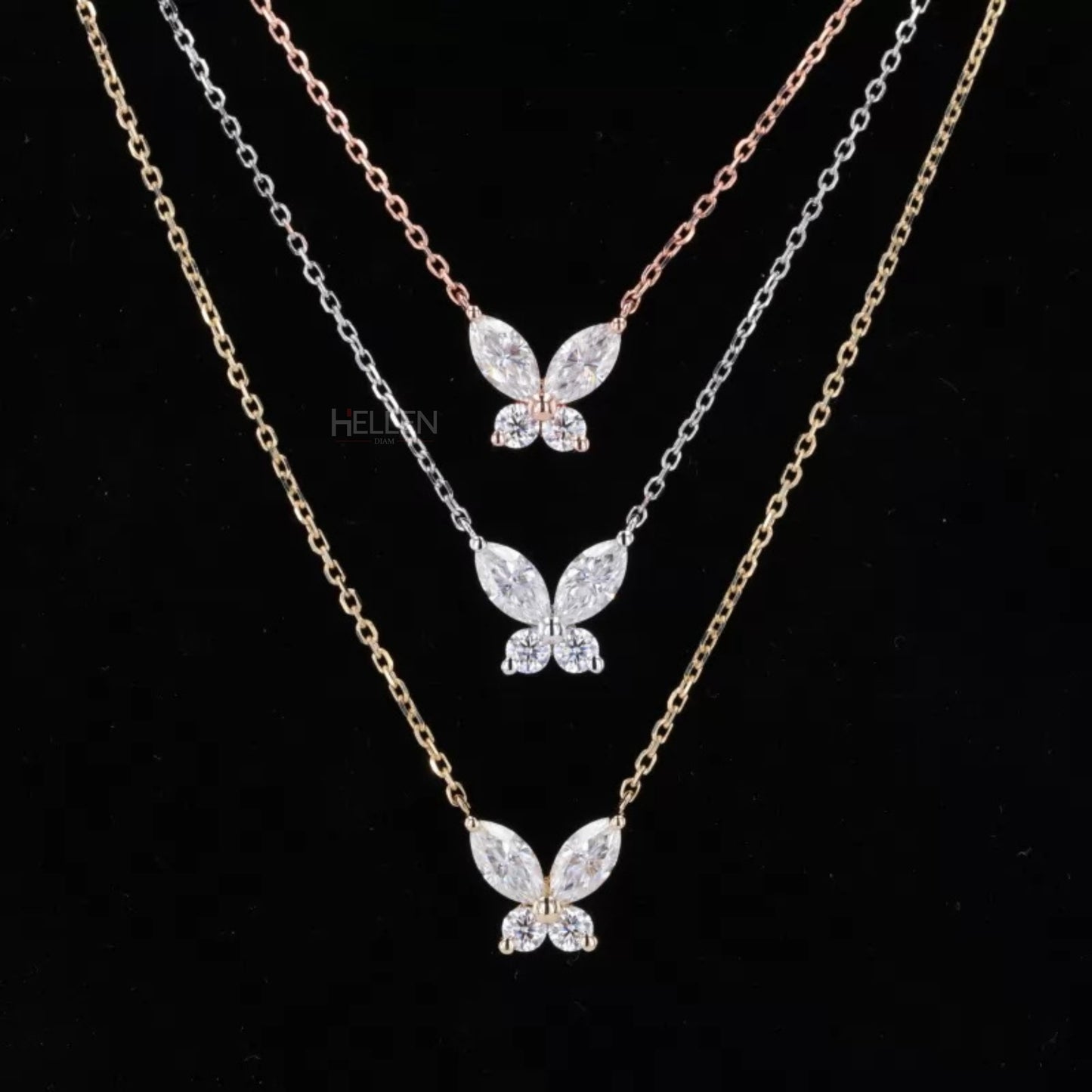 Butterfly necklace with marquise and round moissanite – whimsical sparkle in sterling silver