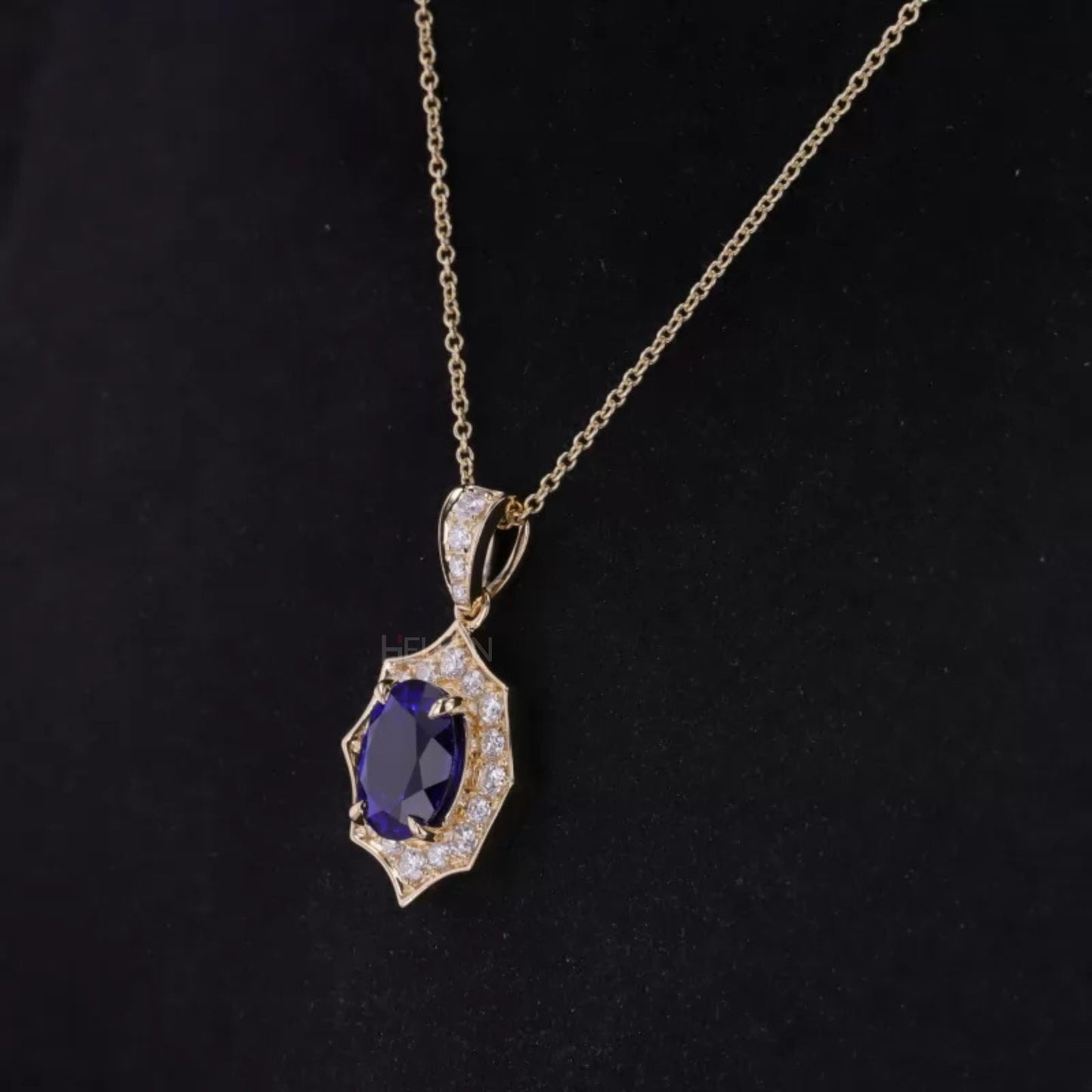 Vintage Blue Oval Cut Sapphire & Moissanite Necklace