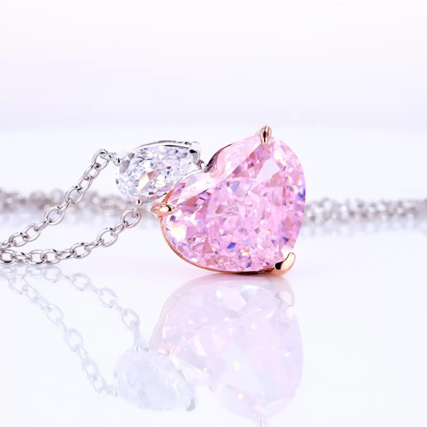 Dual Tone Pear Moissanite & Heart Cut Pink Gemstone Necklace