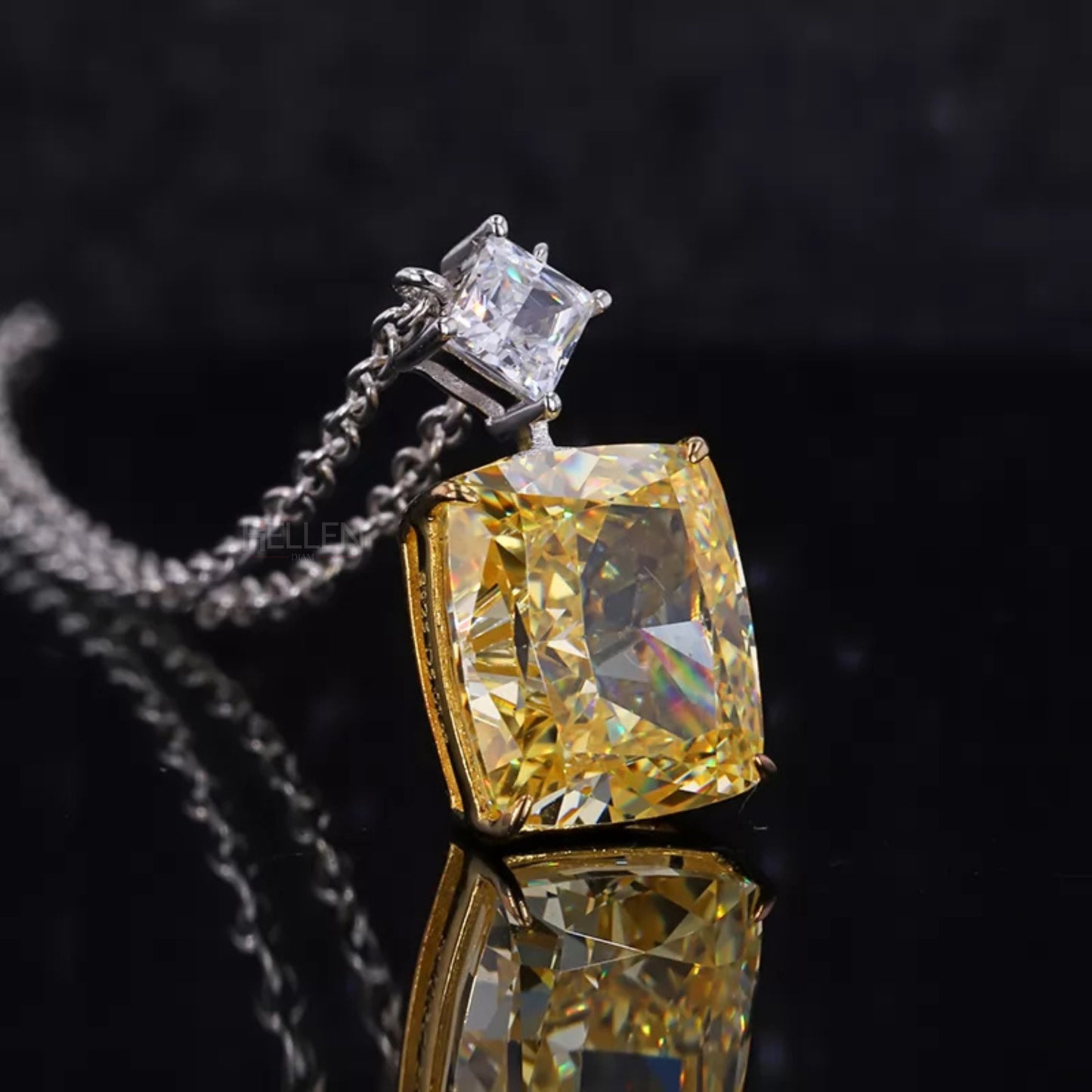 Elongated Cushion Yellow Sapphire & Princess Moissanite Necklace