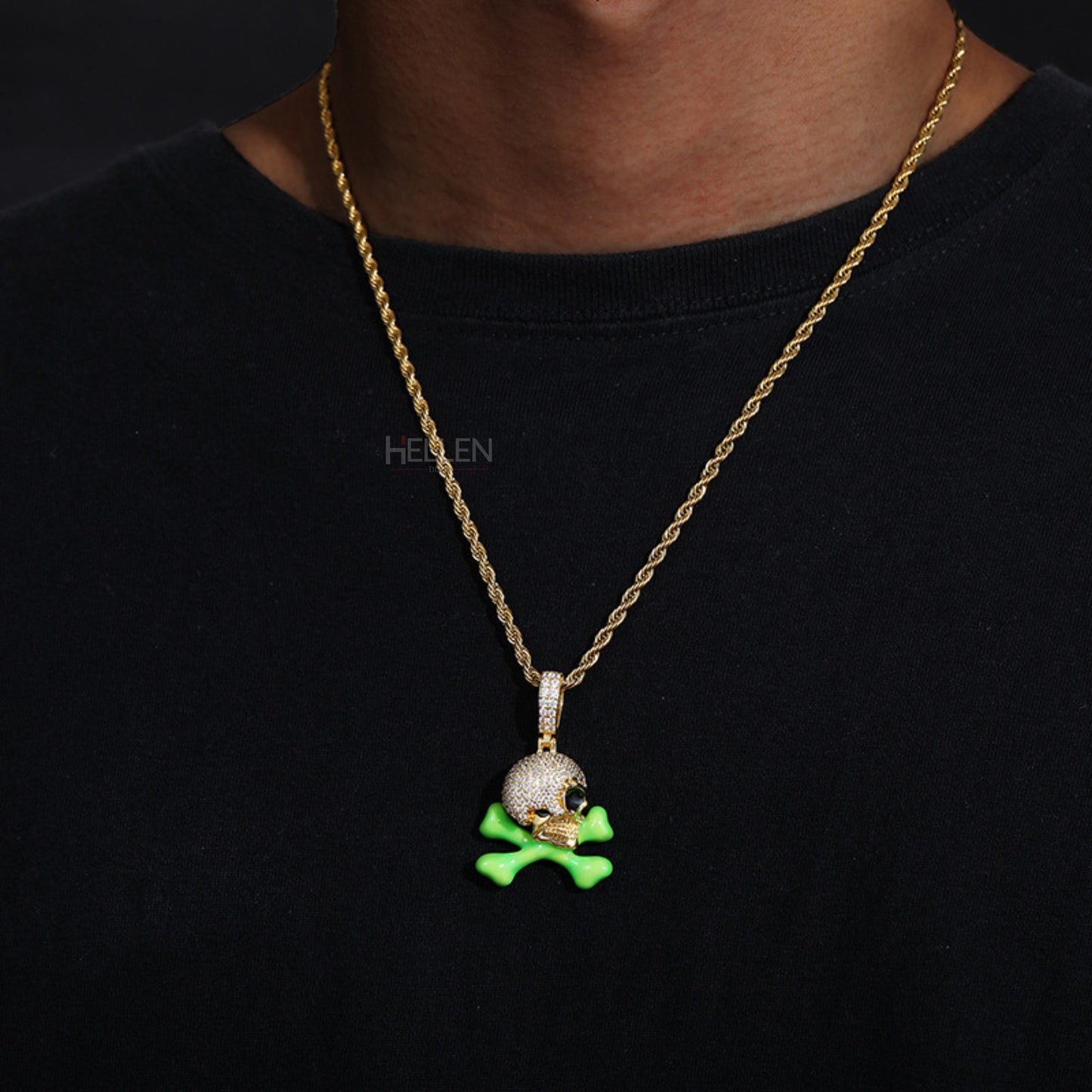 Skull And Cross Bone Glow In Dark Iced Out Pendant
