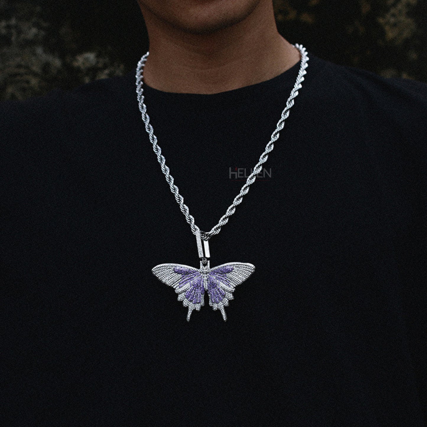 Iced-Out Butterfly Pendant With Moissanite And Purple Gemstone