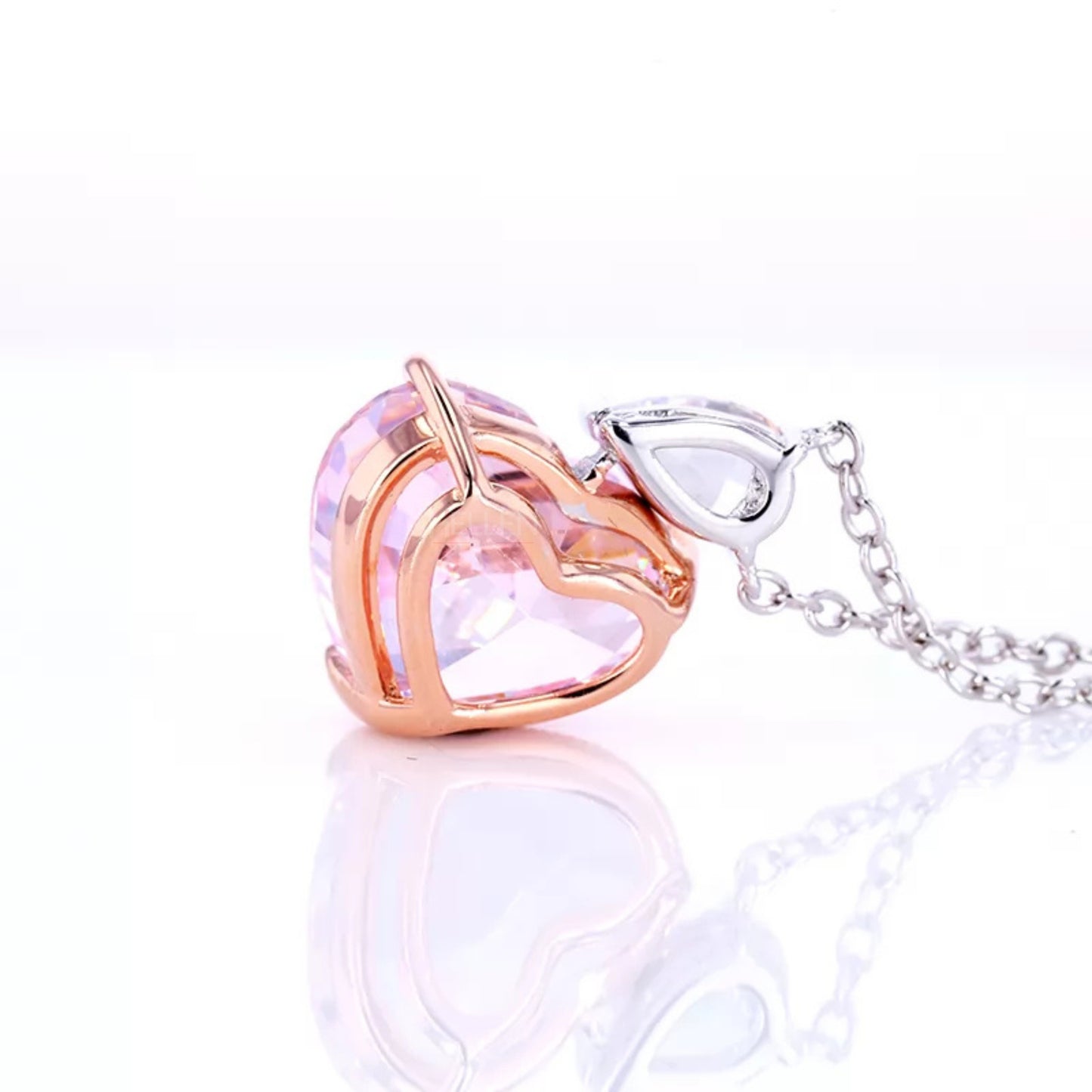 Dual Tone Pear Moissanite & Heart Cut Pink Gemstone Necklace