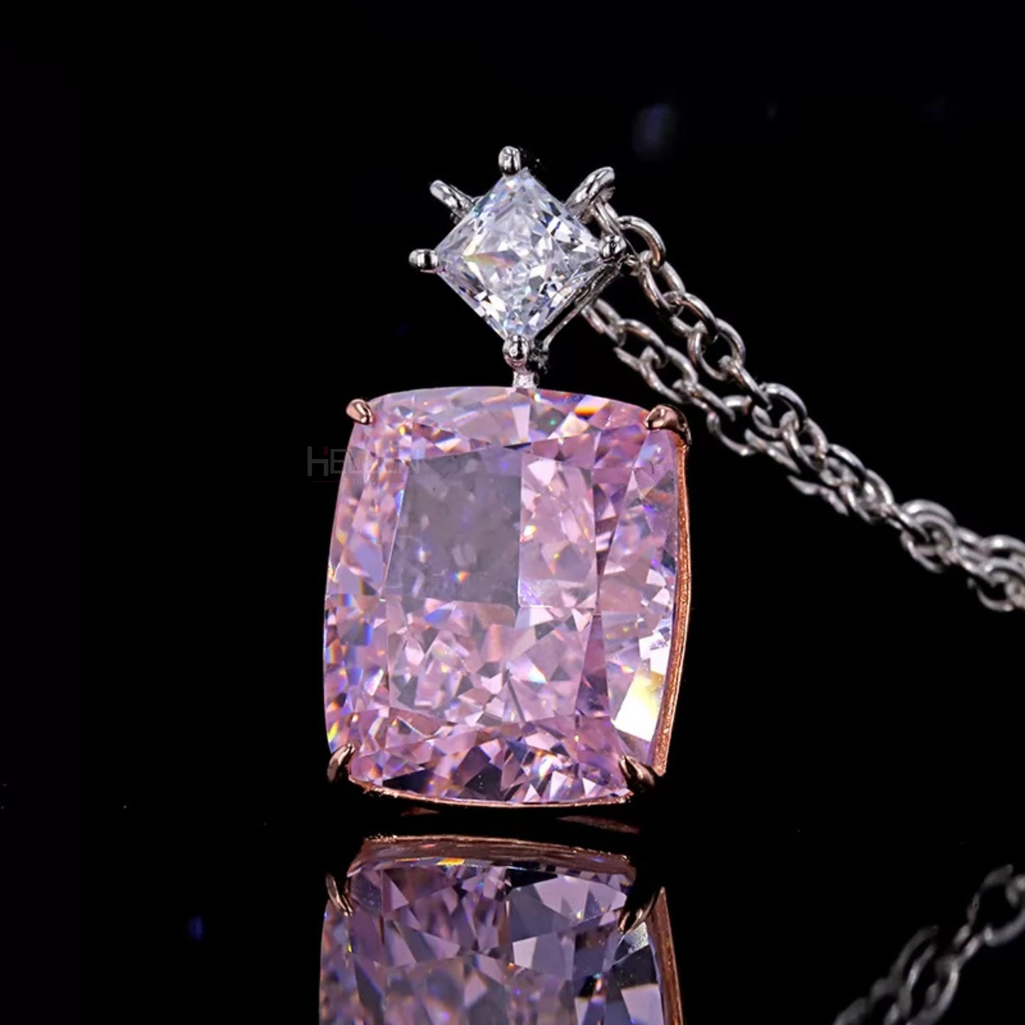 Elongated Cushion Pink Sapphire & Princess Moissanite Necklace