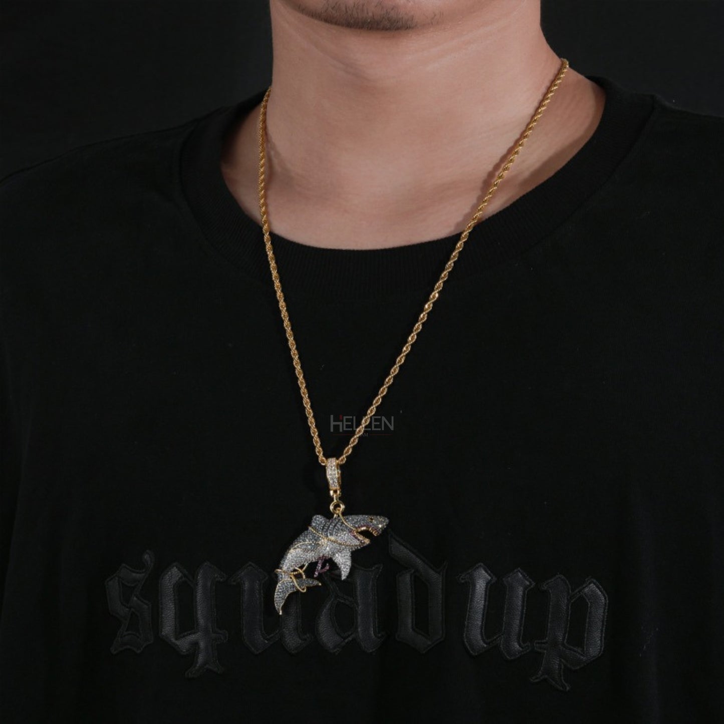 Iced Out Haunted Shark Pendant With Rope Chain