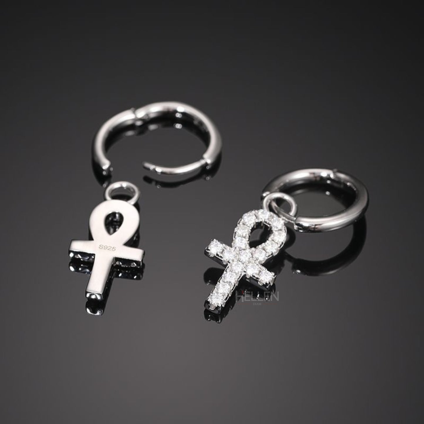Men's Ankh Cross Dangle Earrings With Round Cut Moissanite