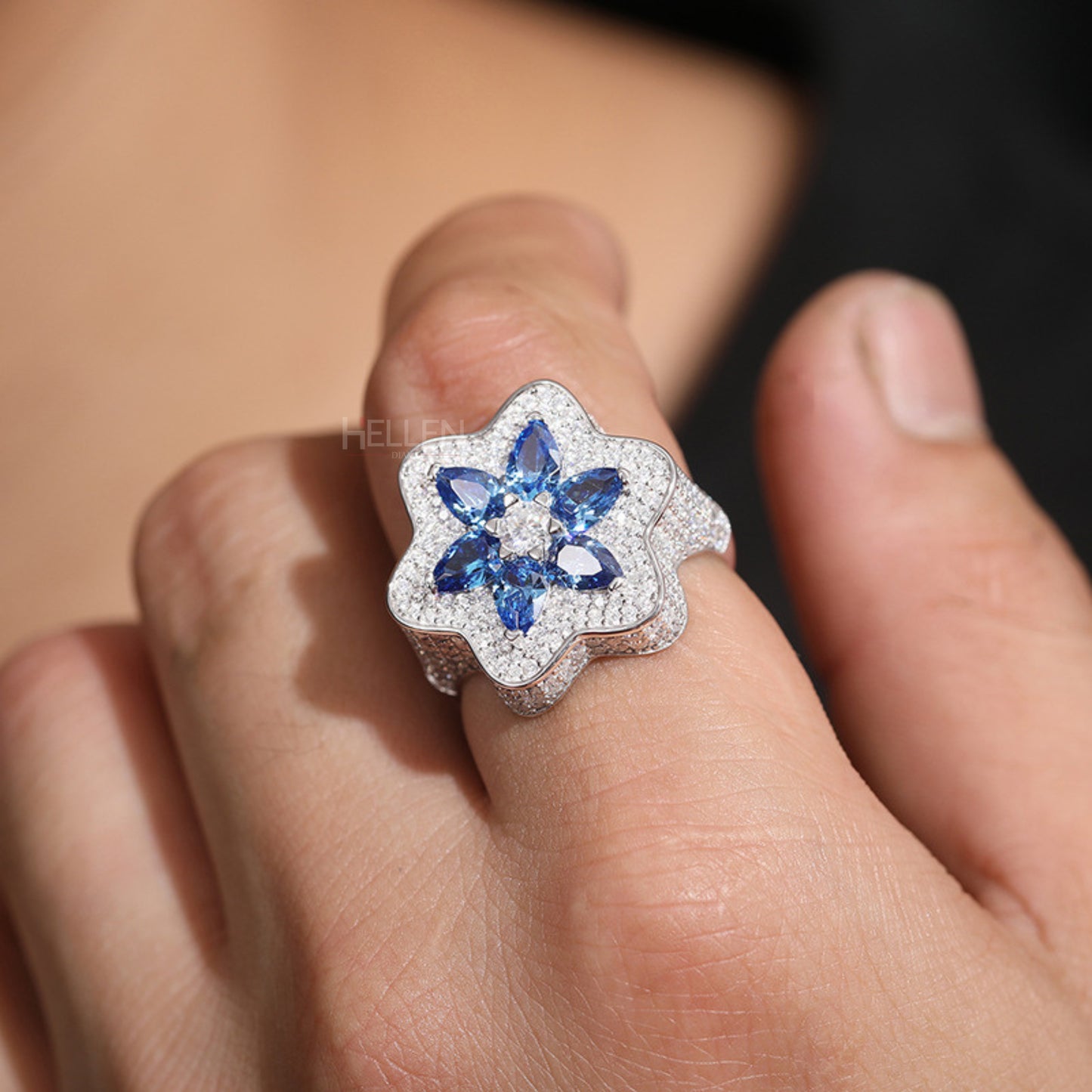 6 Pointed Star Blue Gemstone & VVS Moissanite Bling Ring