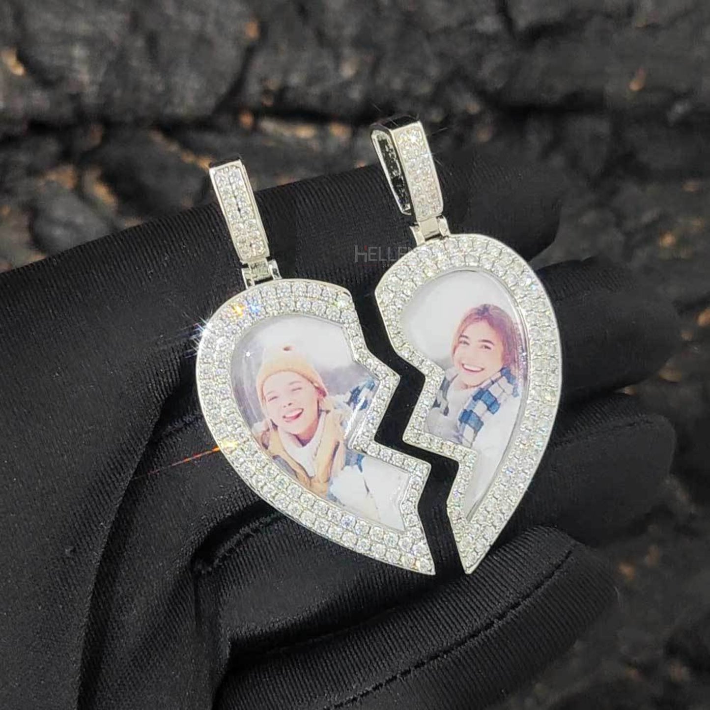 Customized 2 Half Heart Memory Pendent With Moissanite Space For 2 Pendants