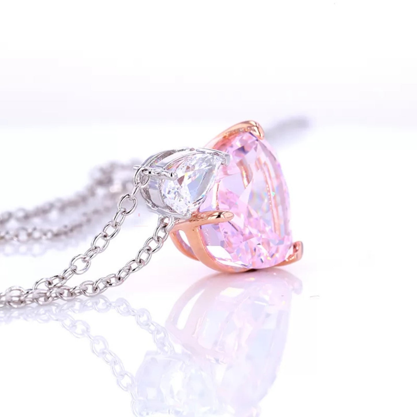 Dual Tone Pear Moissanite & Heart Cut Pink Gemstone Necklace
