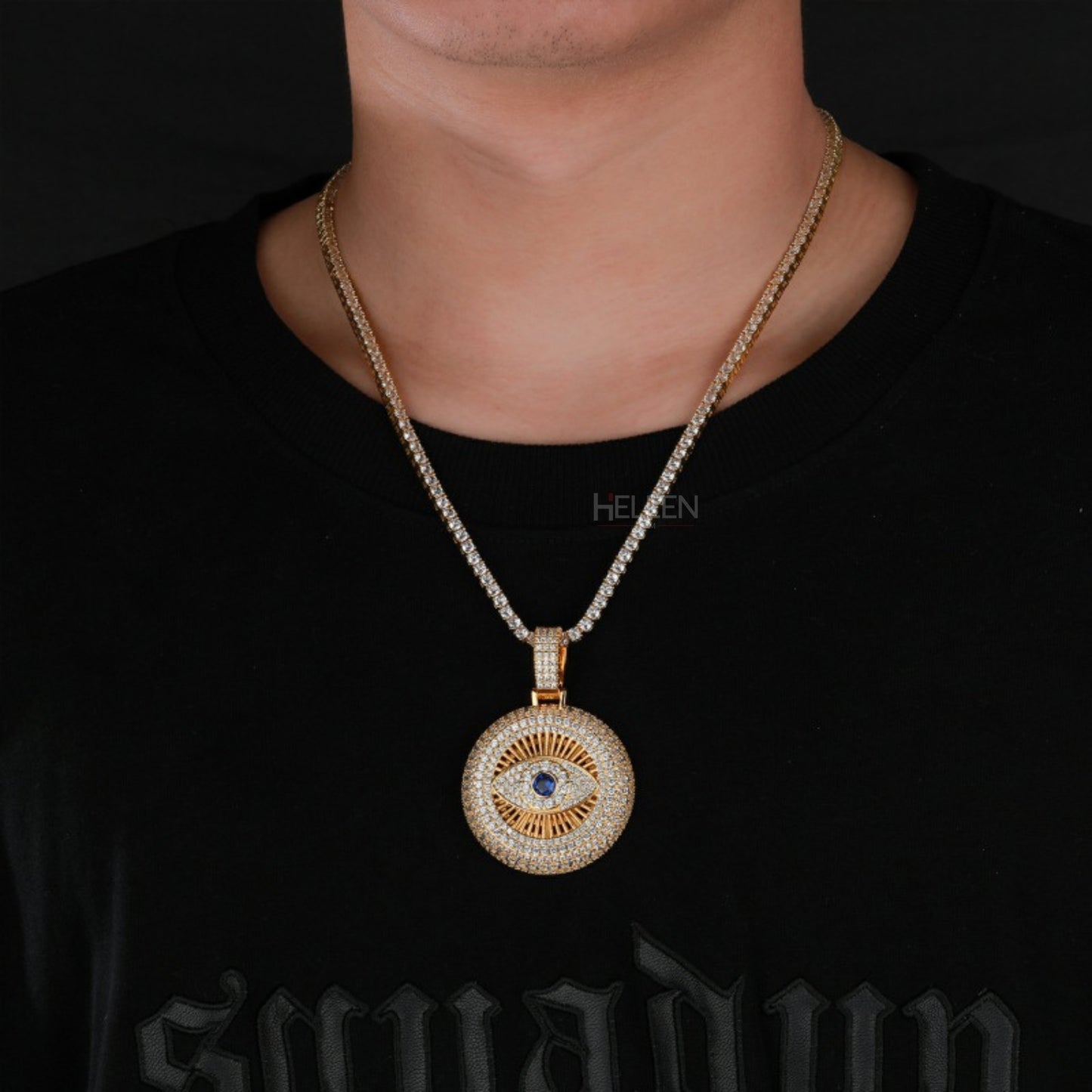 Iced Out Gods Eye Round Pendant with Moissanite