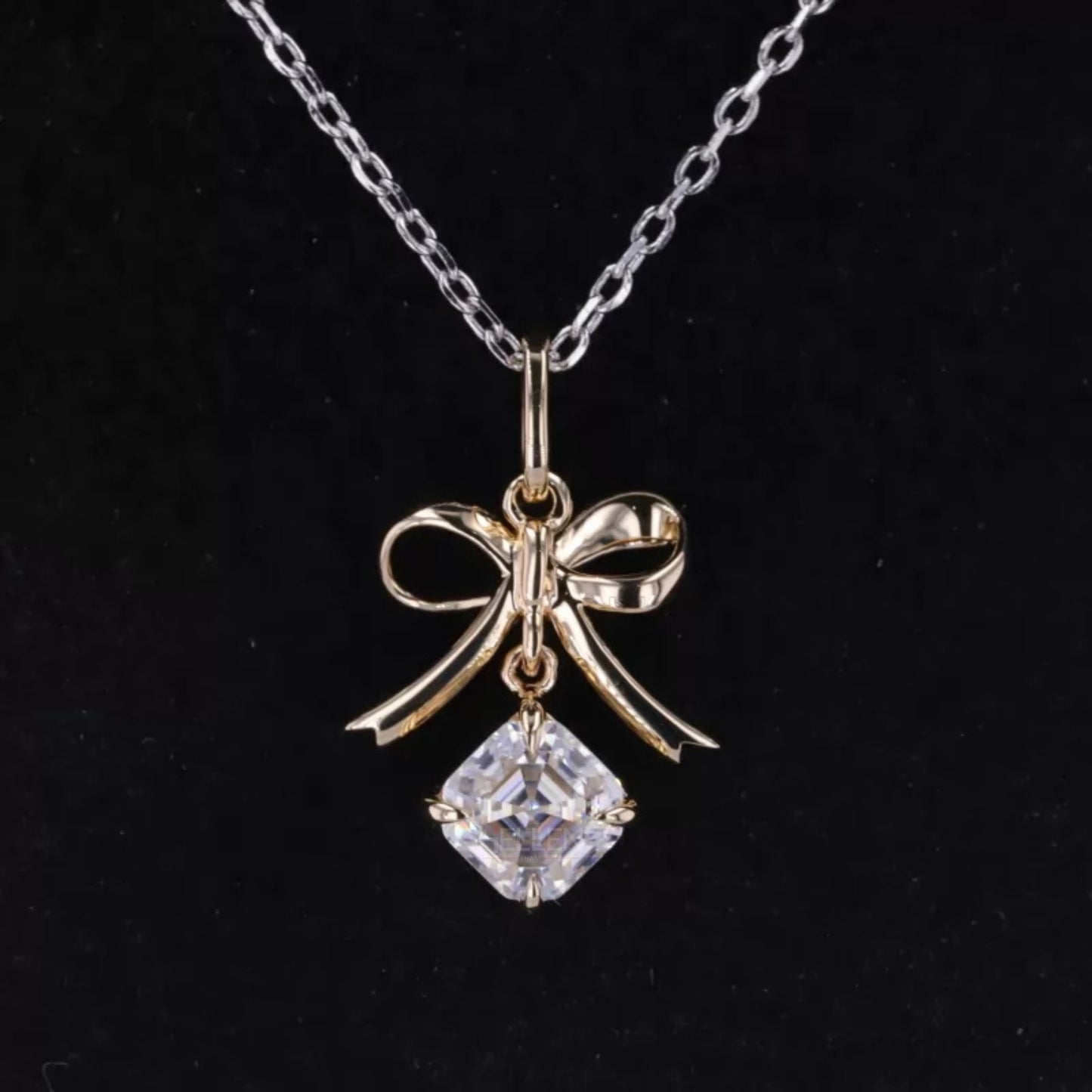 Asscher cut moissanite solitaire pendant with festive bow design – perfect holiday or Christmas gift necklace