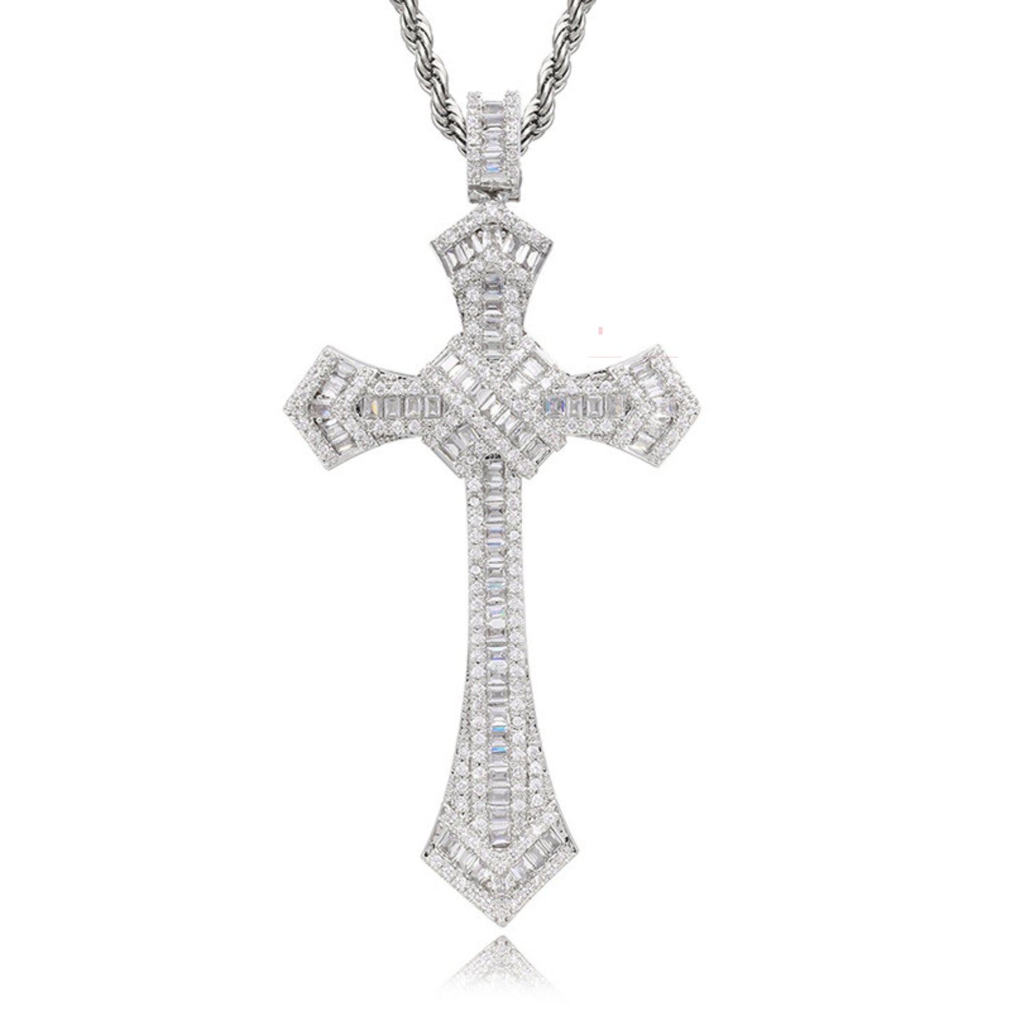 Round And Baguette Moissanite Studded Cross Hip-Hop Long Pendant