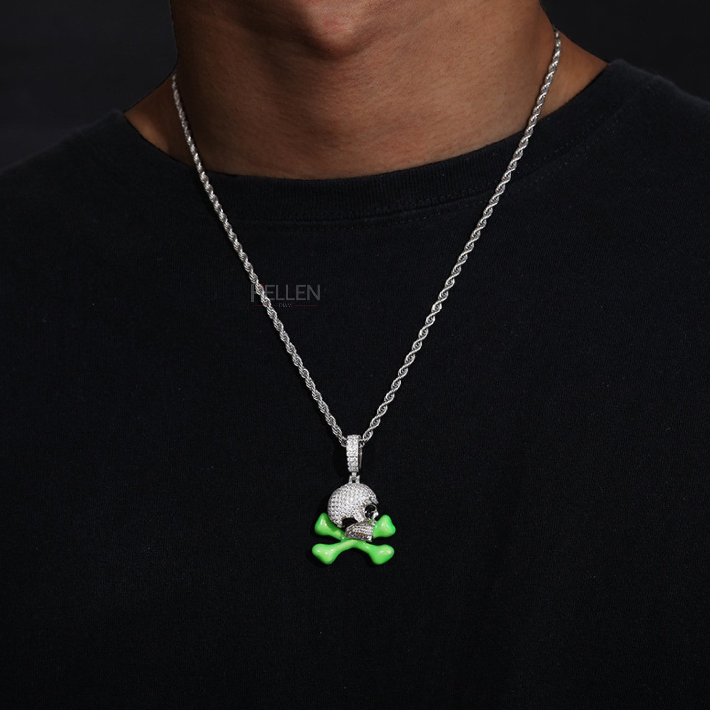 Skull And Cross Bone Glow In Dark Iced Out Pendant