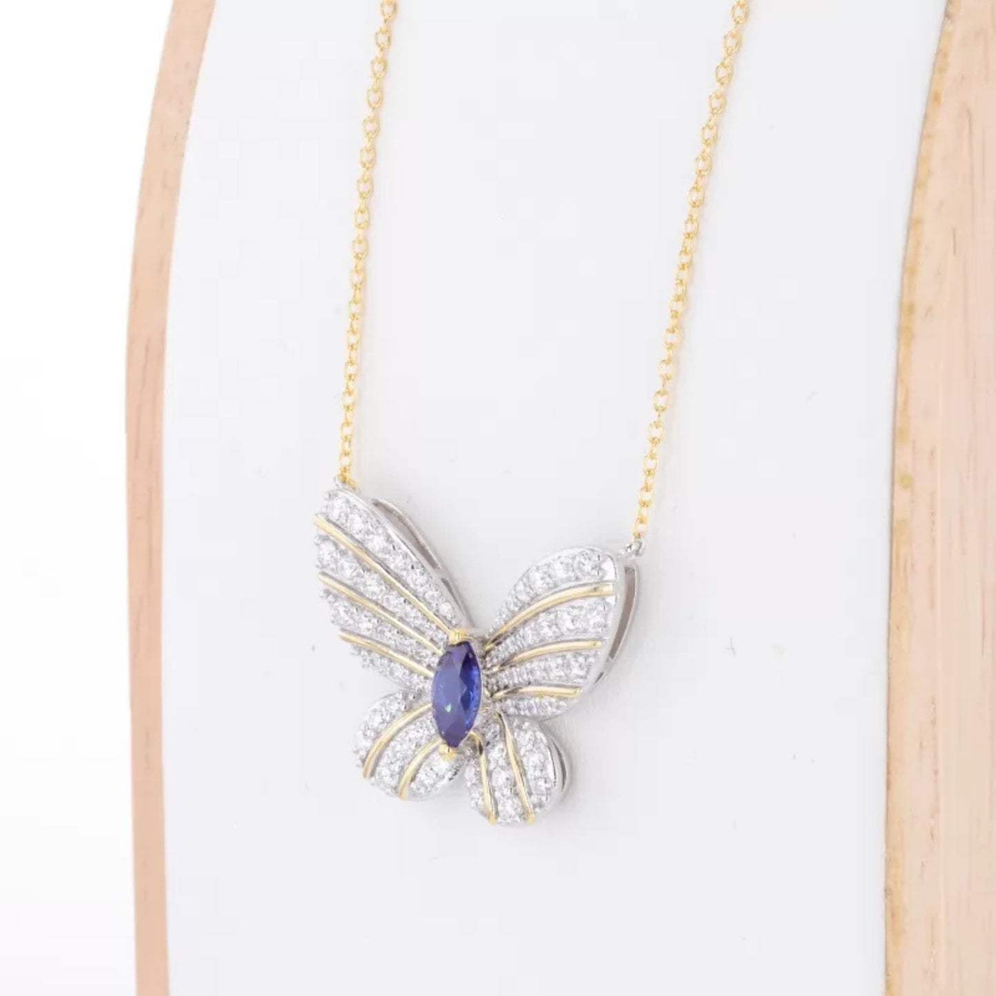 Butterfly Blue Sapphire Marquis & Round Cut Moissanite Necklace
