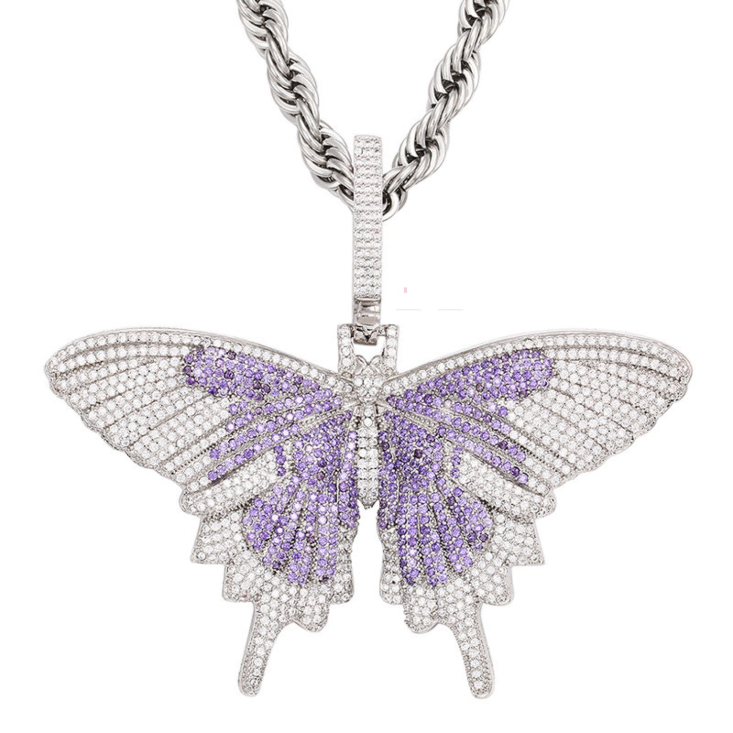 Iced-Out Butterfly Pendant With Moissanite And Purple Gemstone