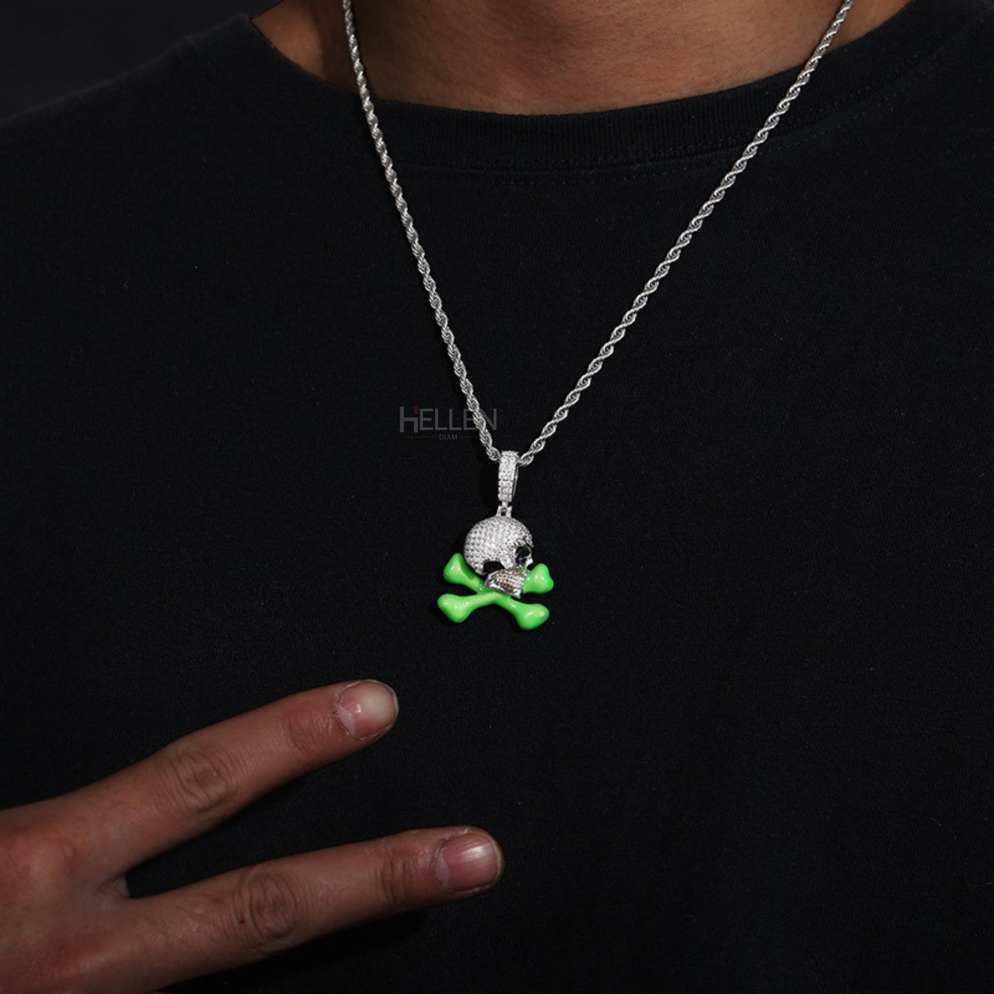 Skull And Cross Bone Glow In Dark Iced Out Pendant