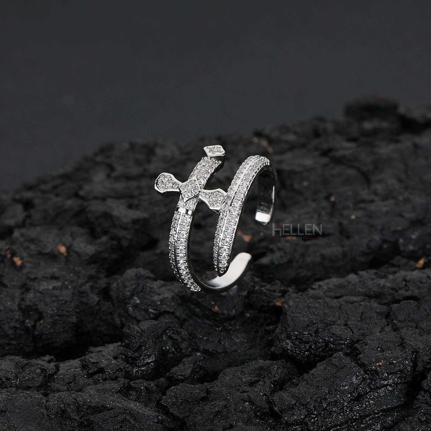 Dagger Iced Out Bling Open Back Sword Ring - VVS Moissanite