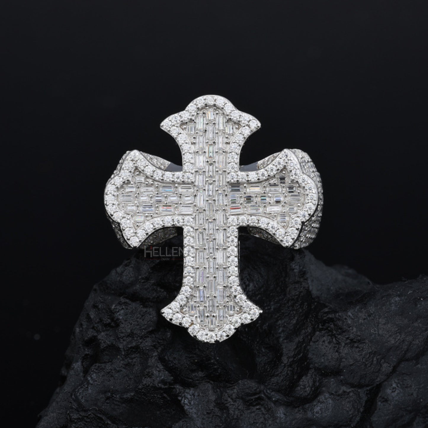 Large cross-shaped hip-hop ring with VVS moissanite – bold streetwear accessory with spiritual edge