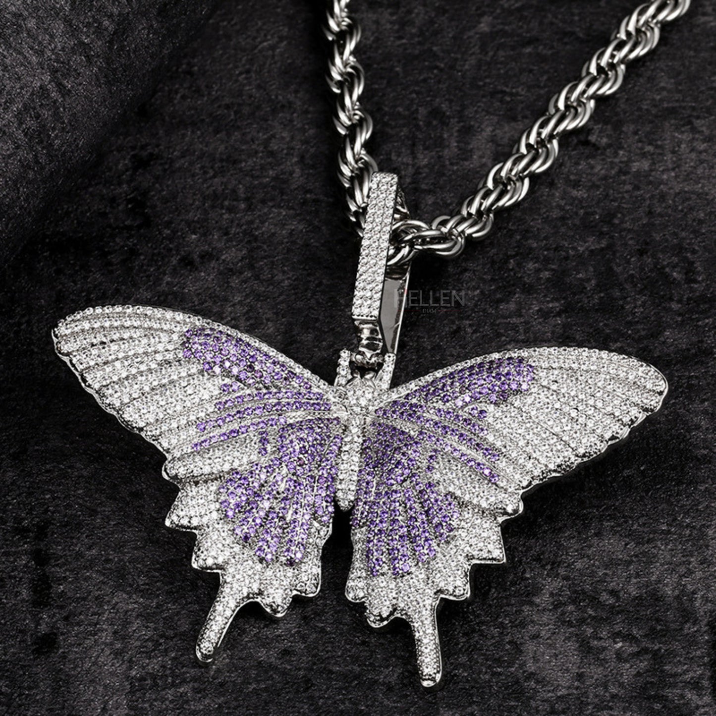 Iced-Out Butterfly Pendant With Moissanite And Purple Gemstone