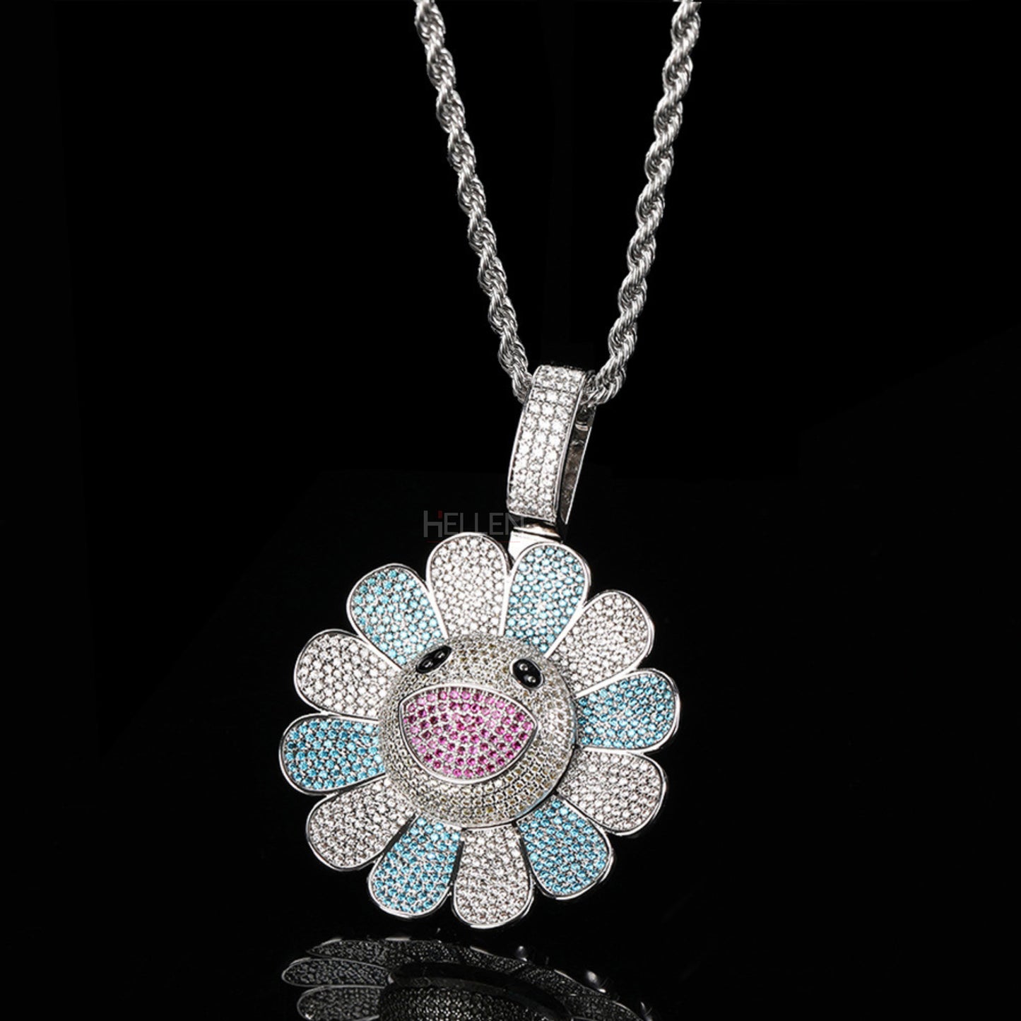 Blooming Spinning Sun Flower Pendant With Mixed Stones