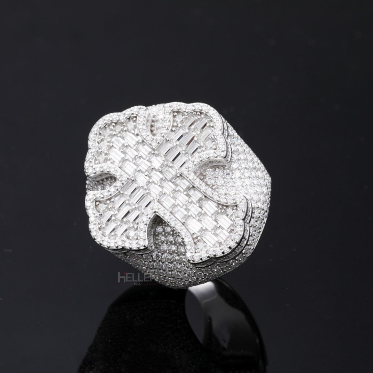 Large Moissanite Opulence Iced Out Cross Ring With Baguette and Round Cut