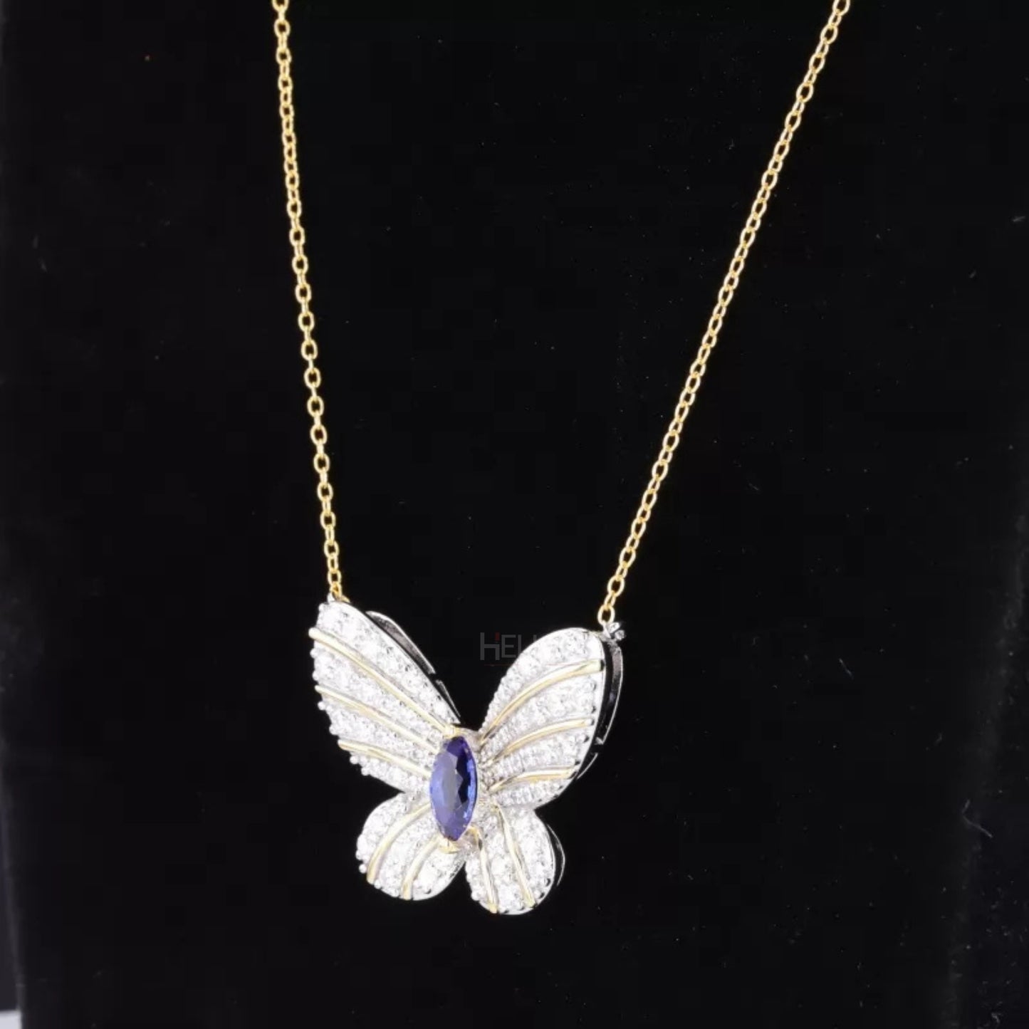 Butterfly Blue Sapphire Marquis & Round Cut Moissanite Necklace