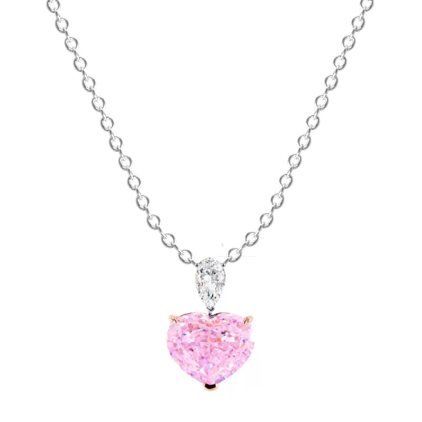 Dual Tone Pear Moissanite & Heart Cut Pink Gemstone Necklace