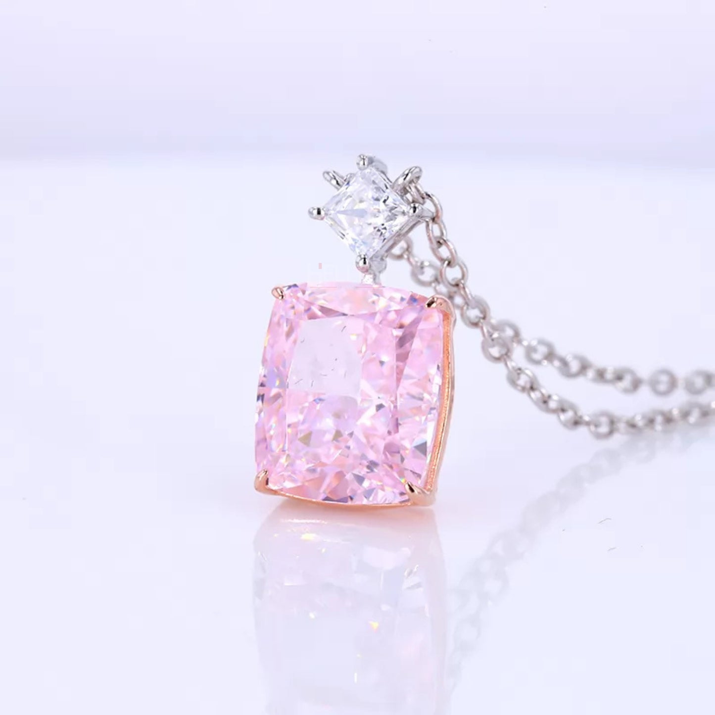 Elongated Cushion Pink Sapphire & Princess Moissanite Necklace