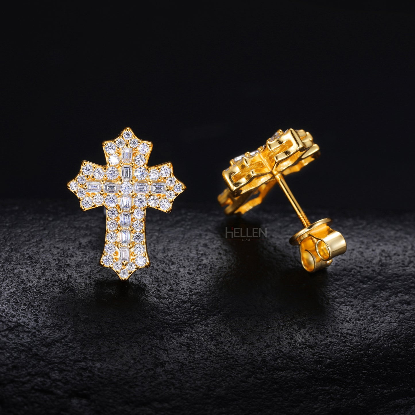 Round And Baguette Moissanite Studded Cross Hip-Hop Studs