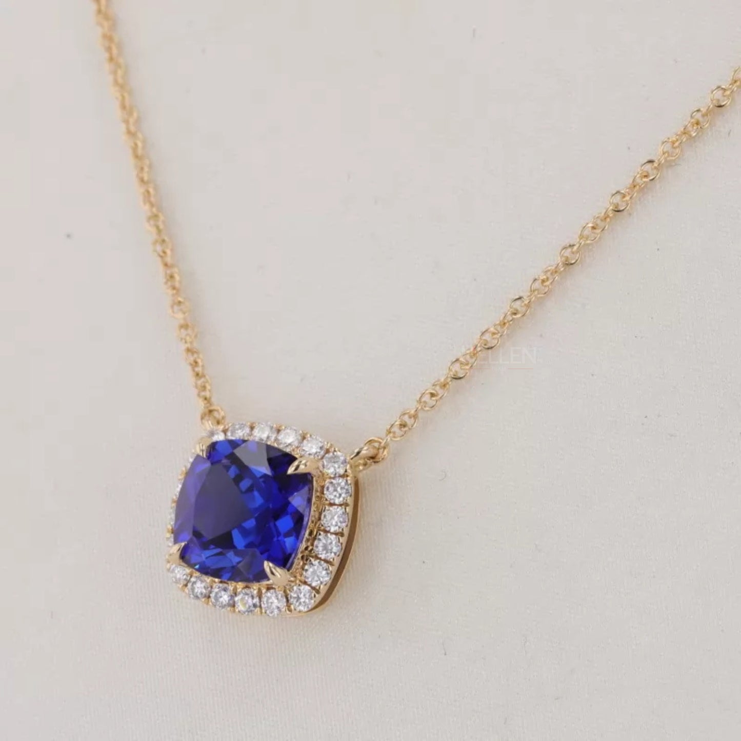 Cushion Cut Blue Sapphire Halo Necklace with Dual Loops & Moissanite