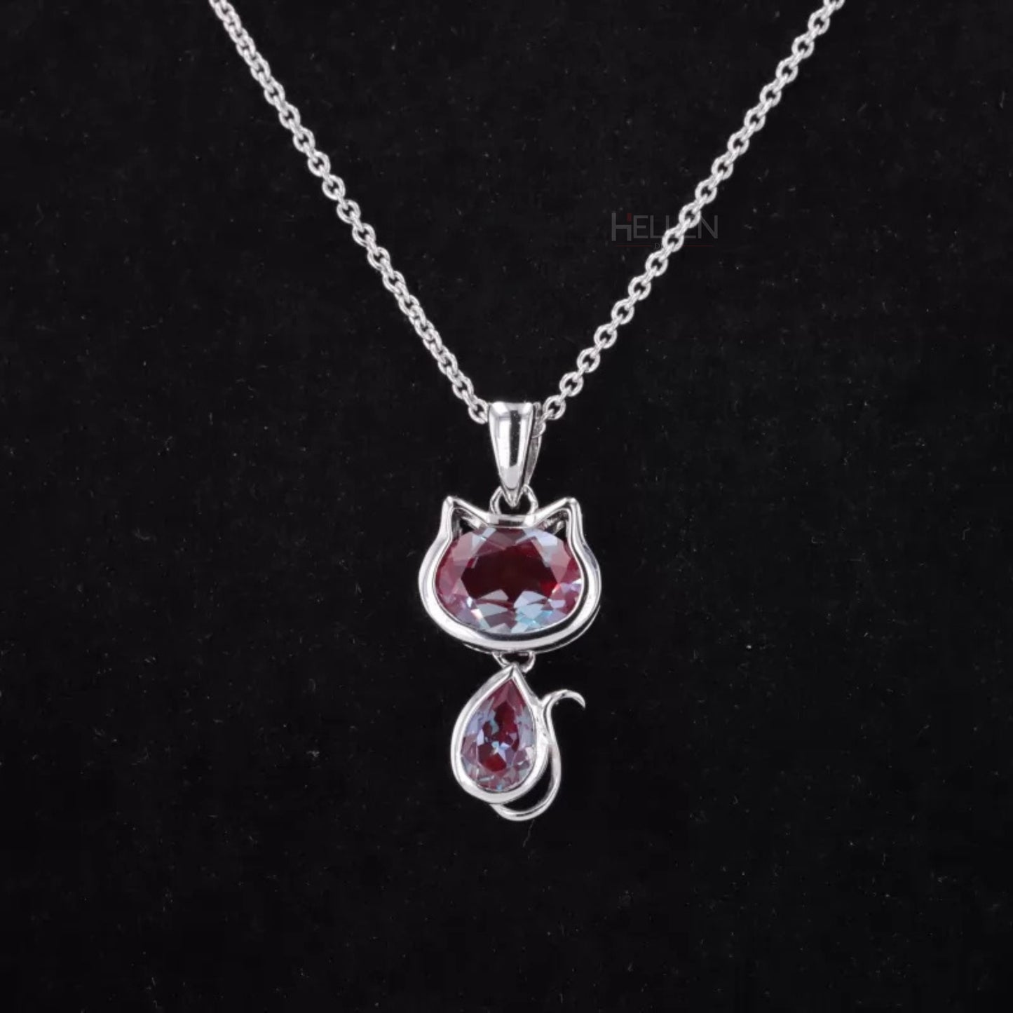 Pear & Oval Cut Gemstone Cat Animal Necklace, Your Choice of Color