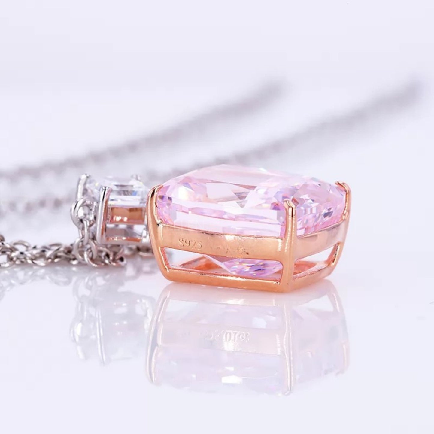 Elongated Cushion Pink Sapphire & Princess Moissanite Necklace