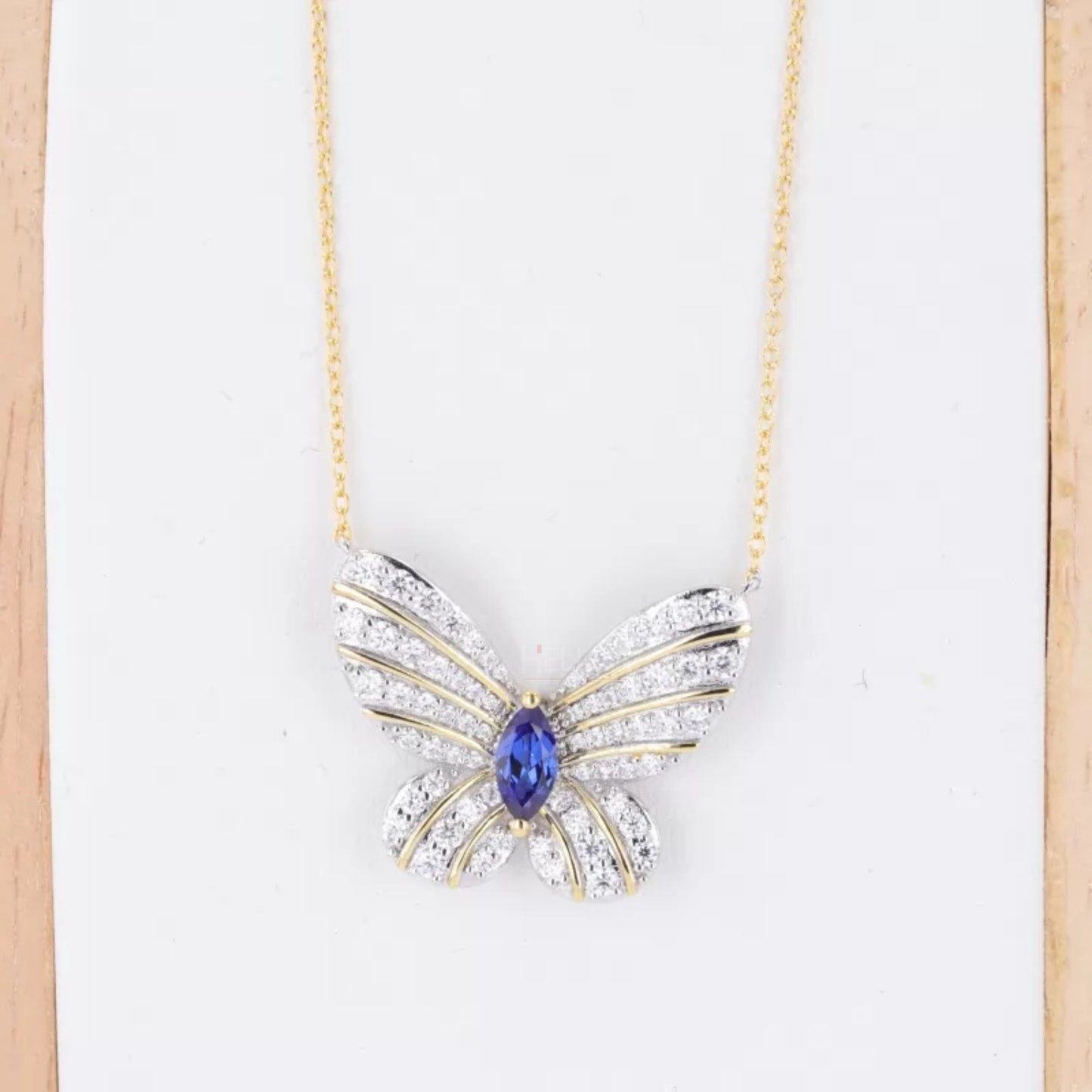 Butterfly Blue Sapphire Marquis & Round Cut Moissanite Necklace