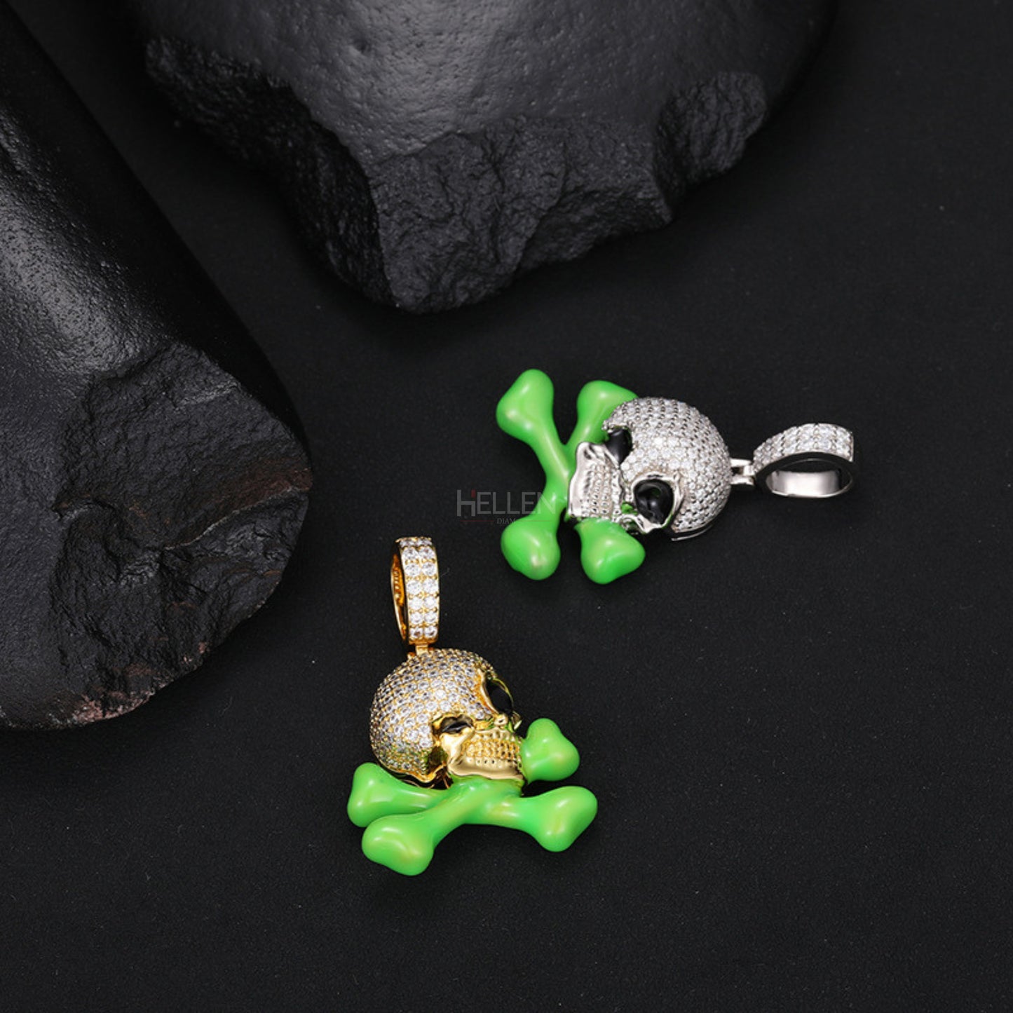 Glow-in-the-dark skull and crossbones pendant with moissanite – edgy iced-out hip-hop jewelry for men
