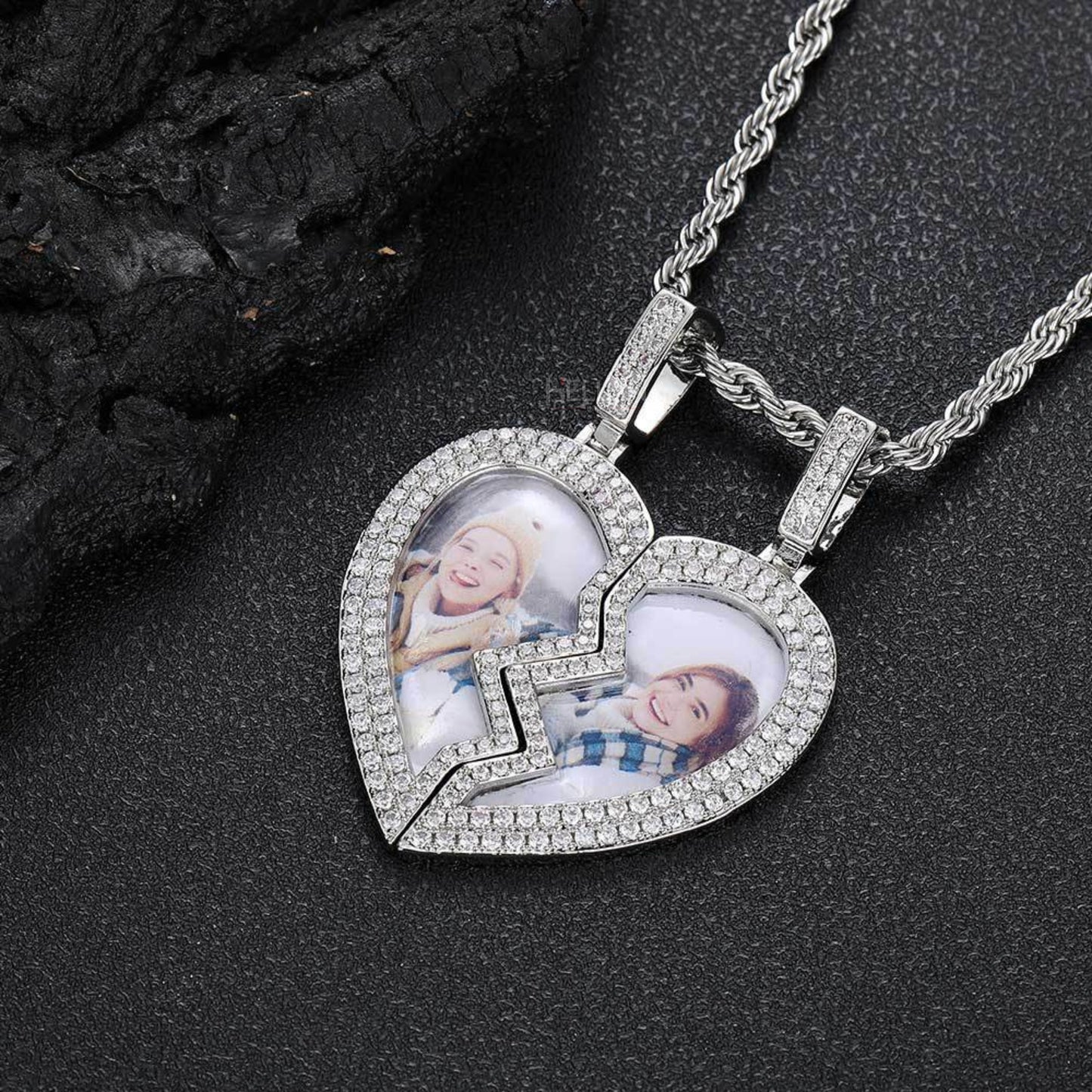 Customized 2 Half Heart Memory Pendent With Moissanite Space For 2 Pendants