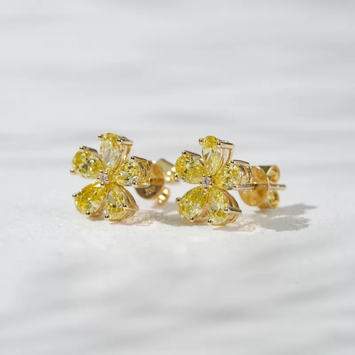 Pear Shaped Yellow Sapphire Flower Stud Earrings - 925 Silver