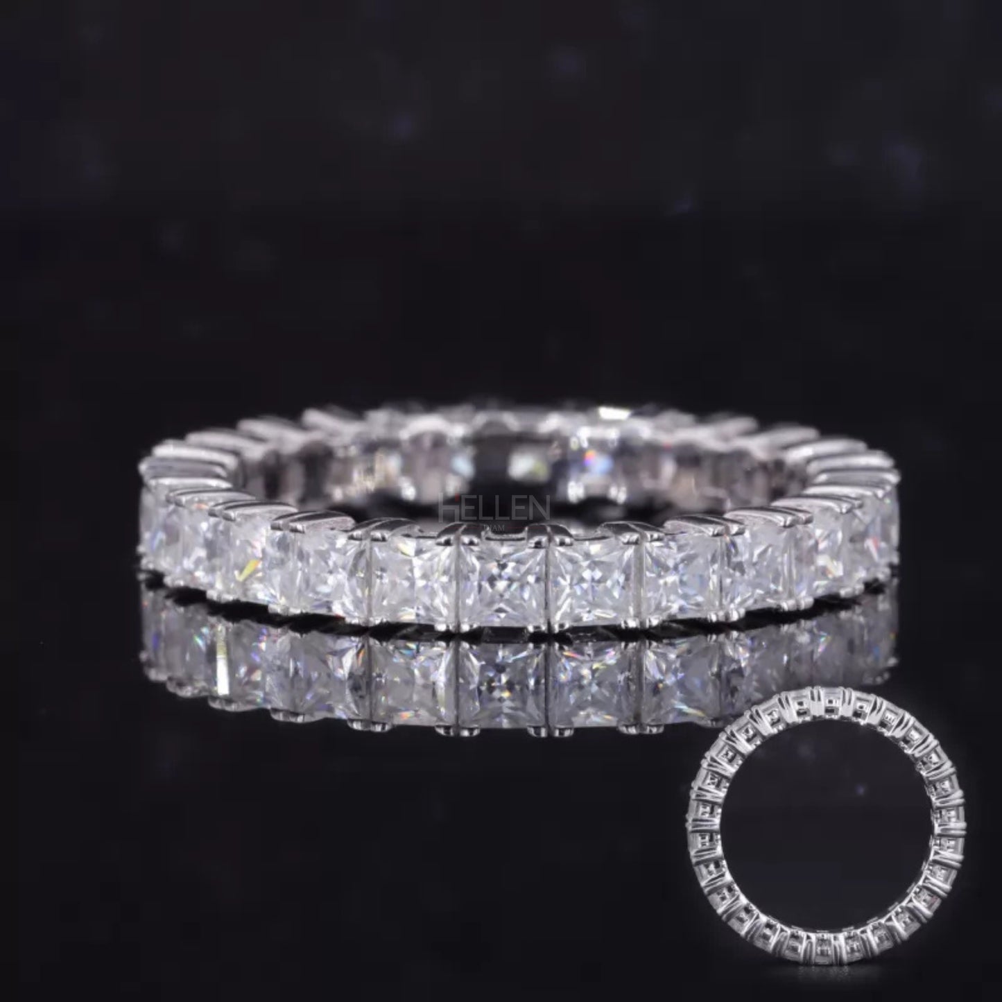 Princess cut full eternity wedding band with bold four-prong setting – sleek and modern sparkle